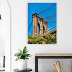 Framed NYC Brooklyn Bridge poster featuring Dumbo view, 15x20cm print with white frame, part of the travel collection.