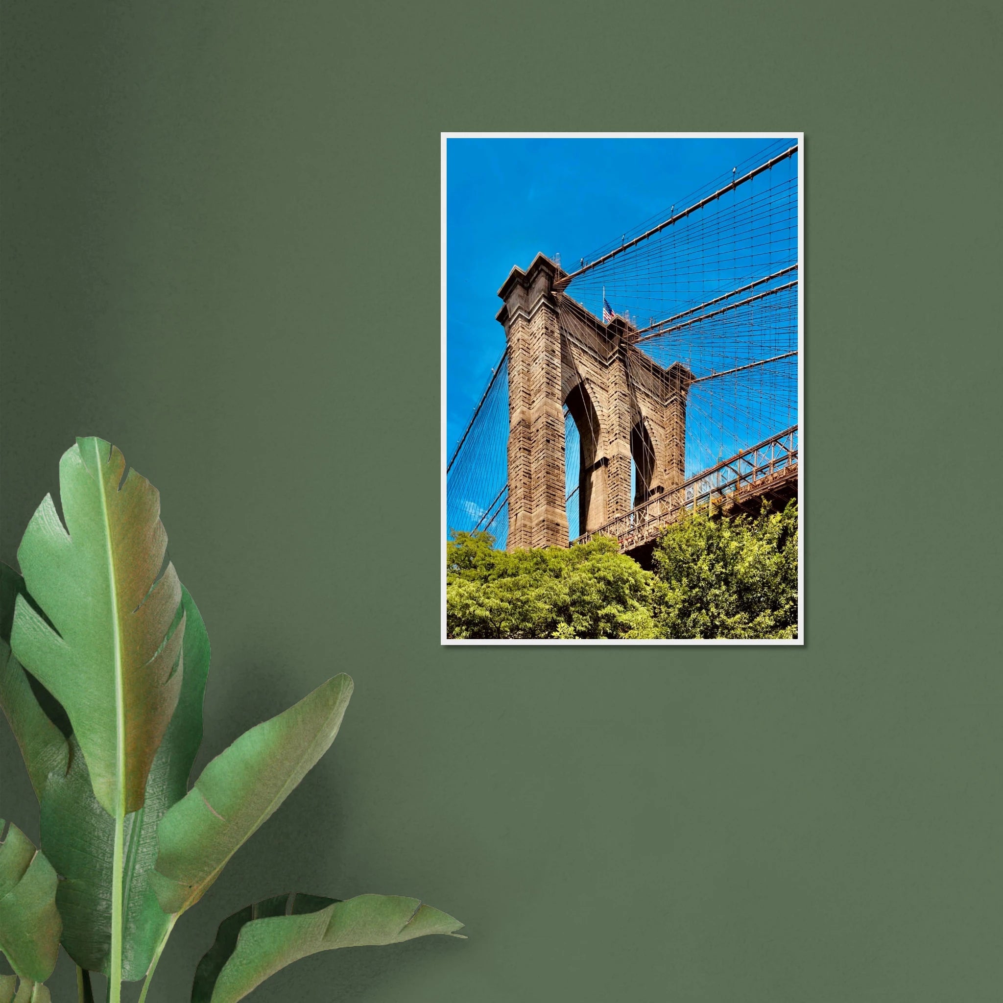 Framed NYC Brooklyn Bridge poster with Dumbo view, 15x20 cm print in white frame from the Studio Edition travel collection.
