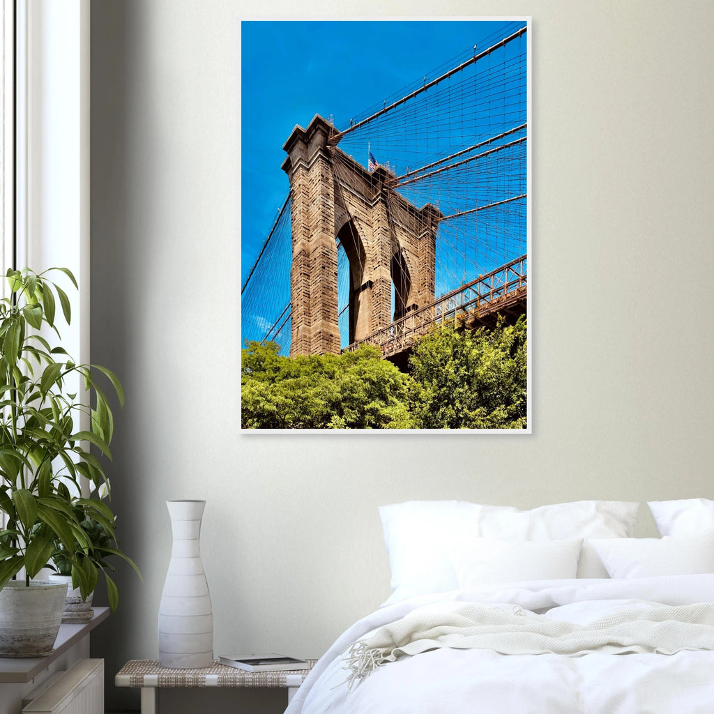 Framed NYC Brooklyn Bridge poster featuring a stunning Dumbo view, 15x20cm print with white frame from My Store's travel collection.