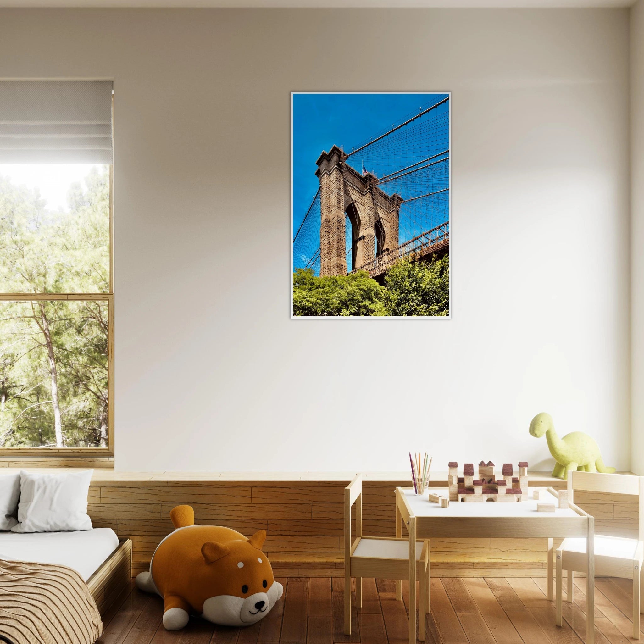 Framed NYC Brooklyn Bridge poster featuring a Dumbo view, 15x20cm print with white frame, part of the Studio Edition Travel Collection.