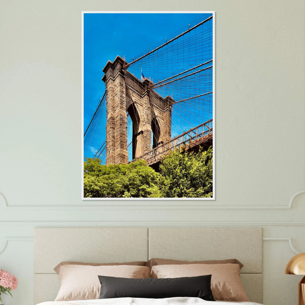 Framed NYC Brooklyn Bridge poster by My Store, 15x20 cm print with white frame, featuring a stunning Dumbo view of the Brooklyn Bridge.