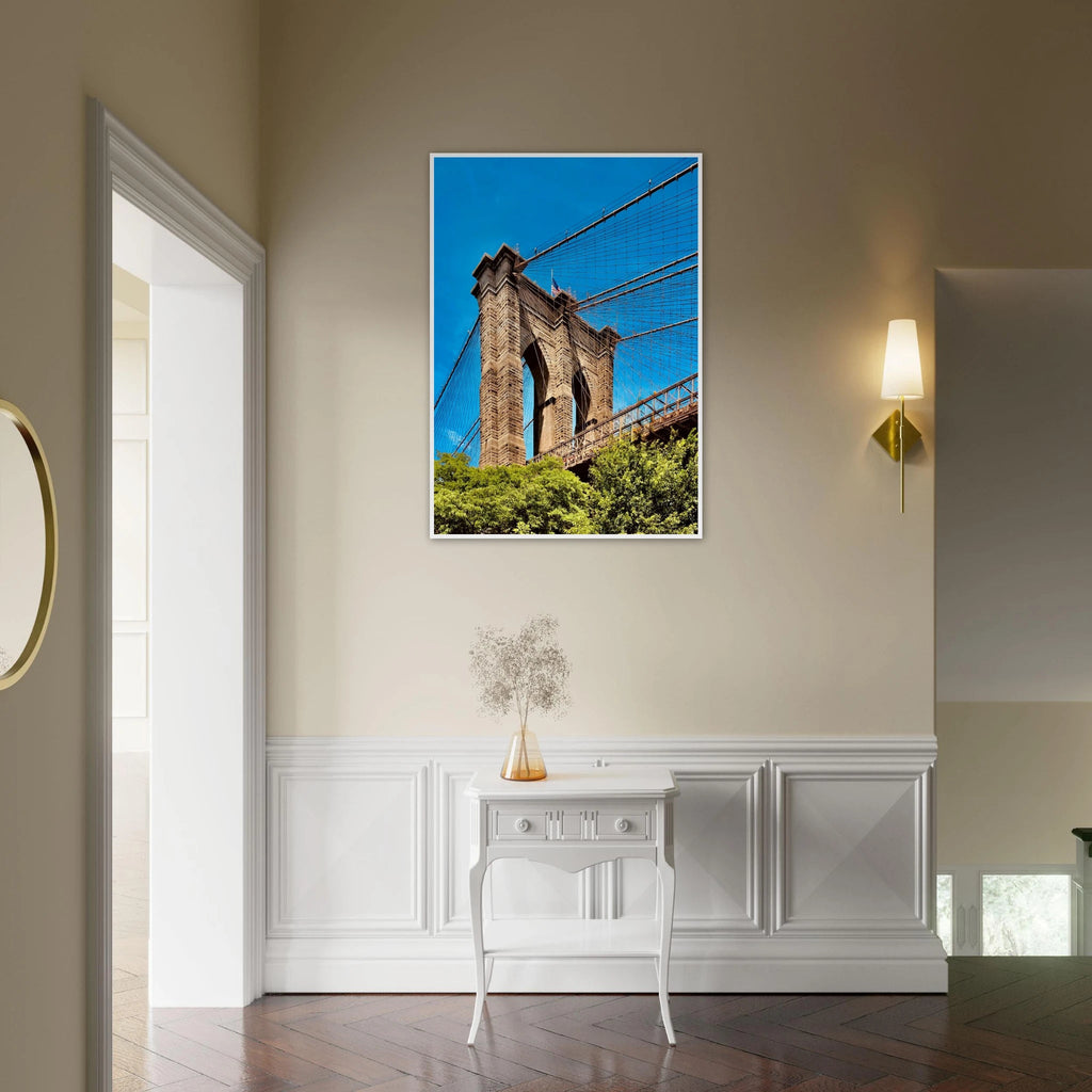 Framed NYC Brooklyn Bridge poster featuring a stunning Dumbo view in a white 15x20cm frame, part of the Studio Edition Travel Collection.
