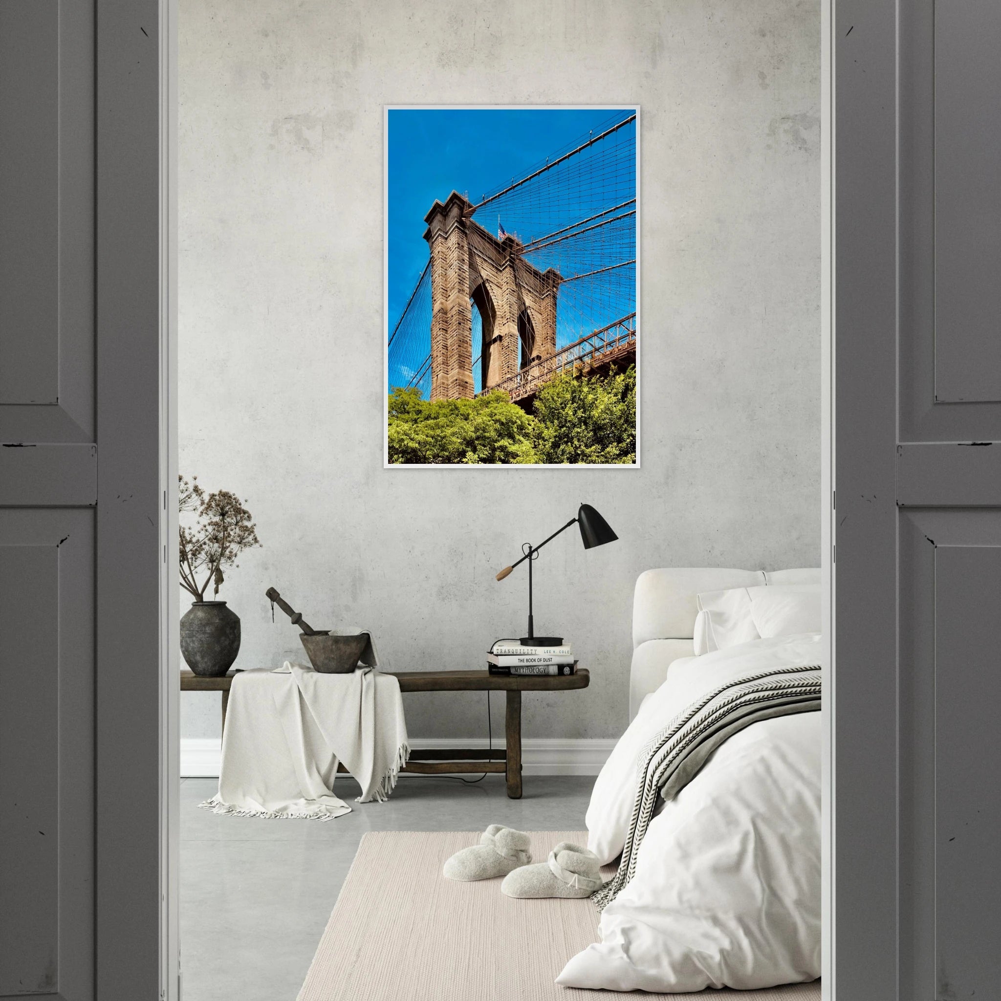 Framed NYC Brooklyn Bridge poster with Dumbo view, 15x20 cm print in a white frame, part of the Studio Edition travel collection.