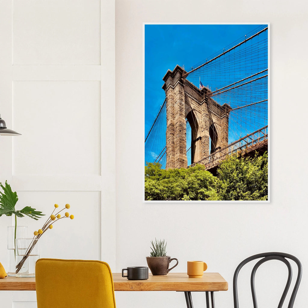 Framed NYC Brooklyn Bridge poster featuring a stunning Dumbo view, 15x20cm print with white frame, part of travel collection.
