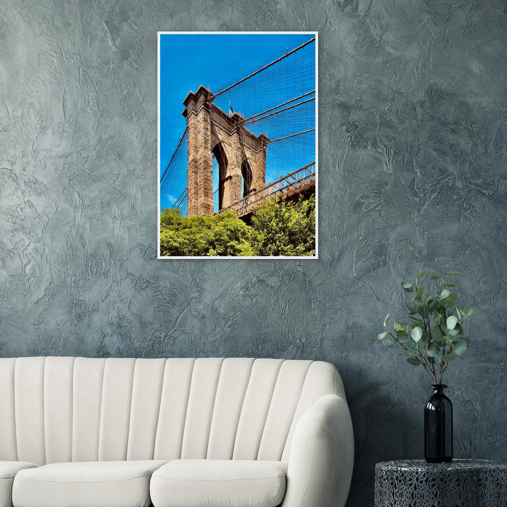 Framed NYC Brooklyn Bridge poster featuring a Dumbo view, 15x20 cm print with white frame, part of the Studio Edition travel collection.