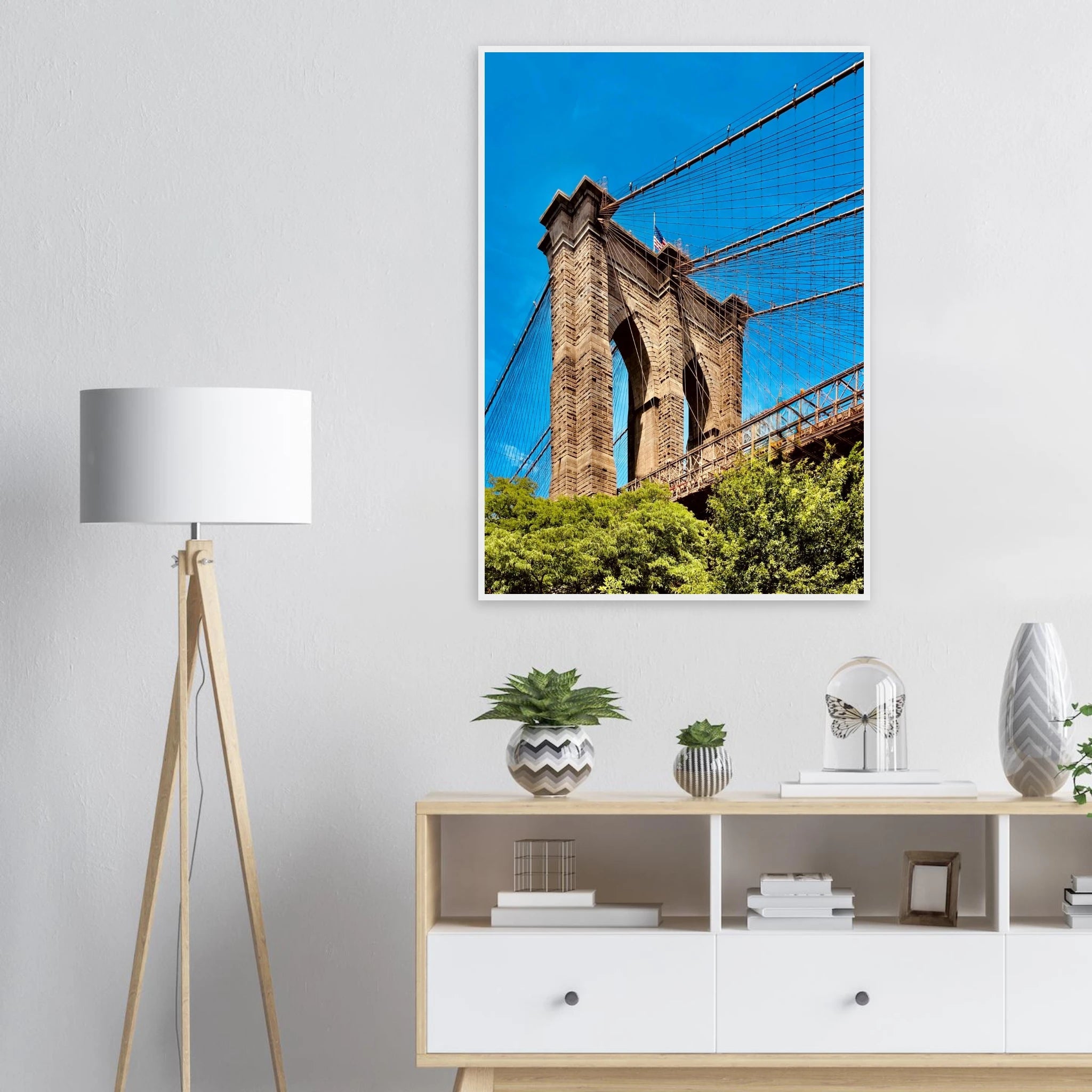 Framed print of Brooklyn Bridge in Dumbo with white frame, showcasing a scenic NYC view from the Travel Collection.