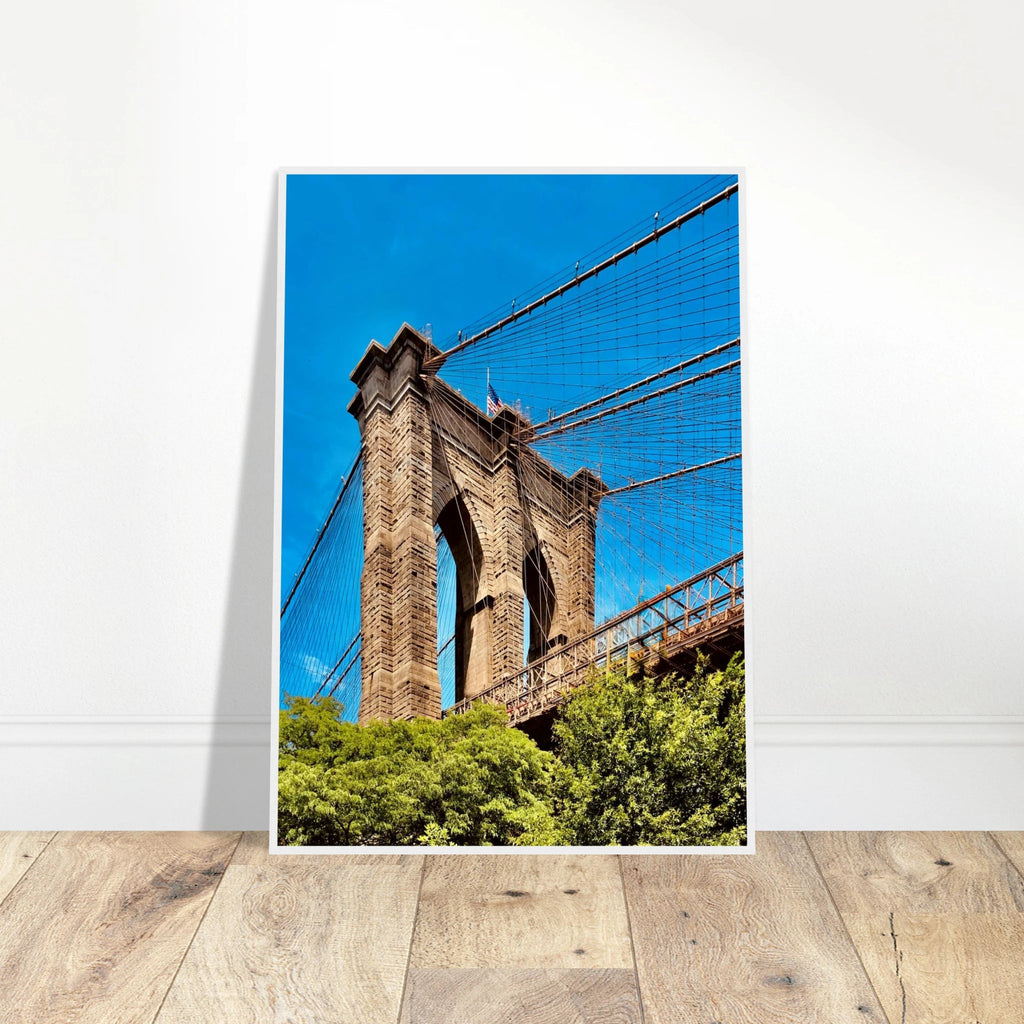Framed NYC Brooklyn Bridge poster featuring a Dumbo view, 15x20 cm print with white frame, from the My Store Travel Collection.