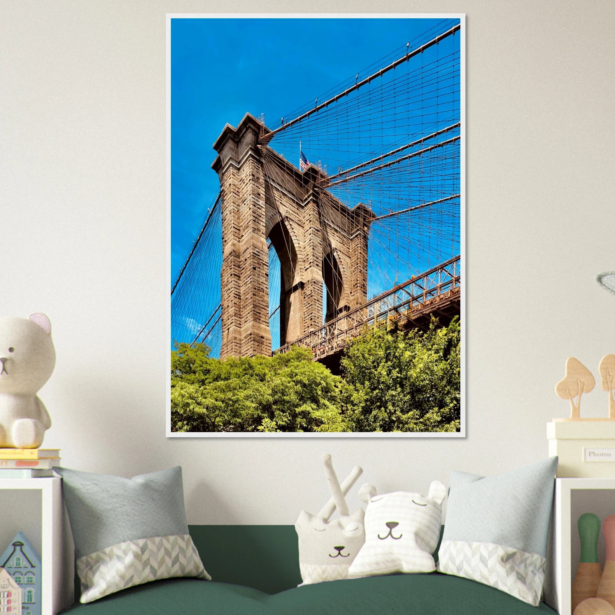 Framed NYC Brooklyn Bridge poster featuring a stunning Dumbo view, 15x20 cm print with white frame from the Studio Edition Travel Collection.