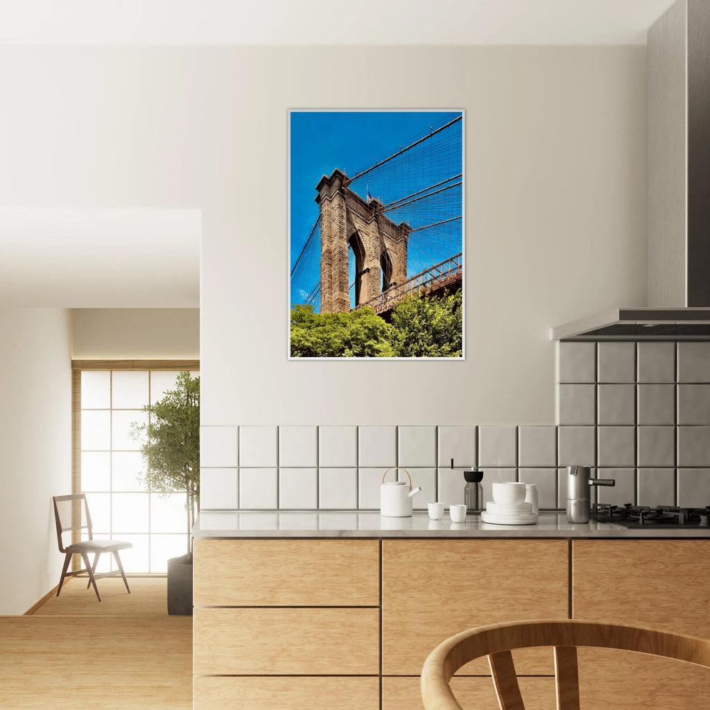 Framed NYC Brooklyn Bridge poster featuring a Dumbo view, 15x20 cm print with white frame, part of the travel collection.