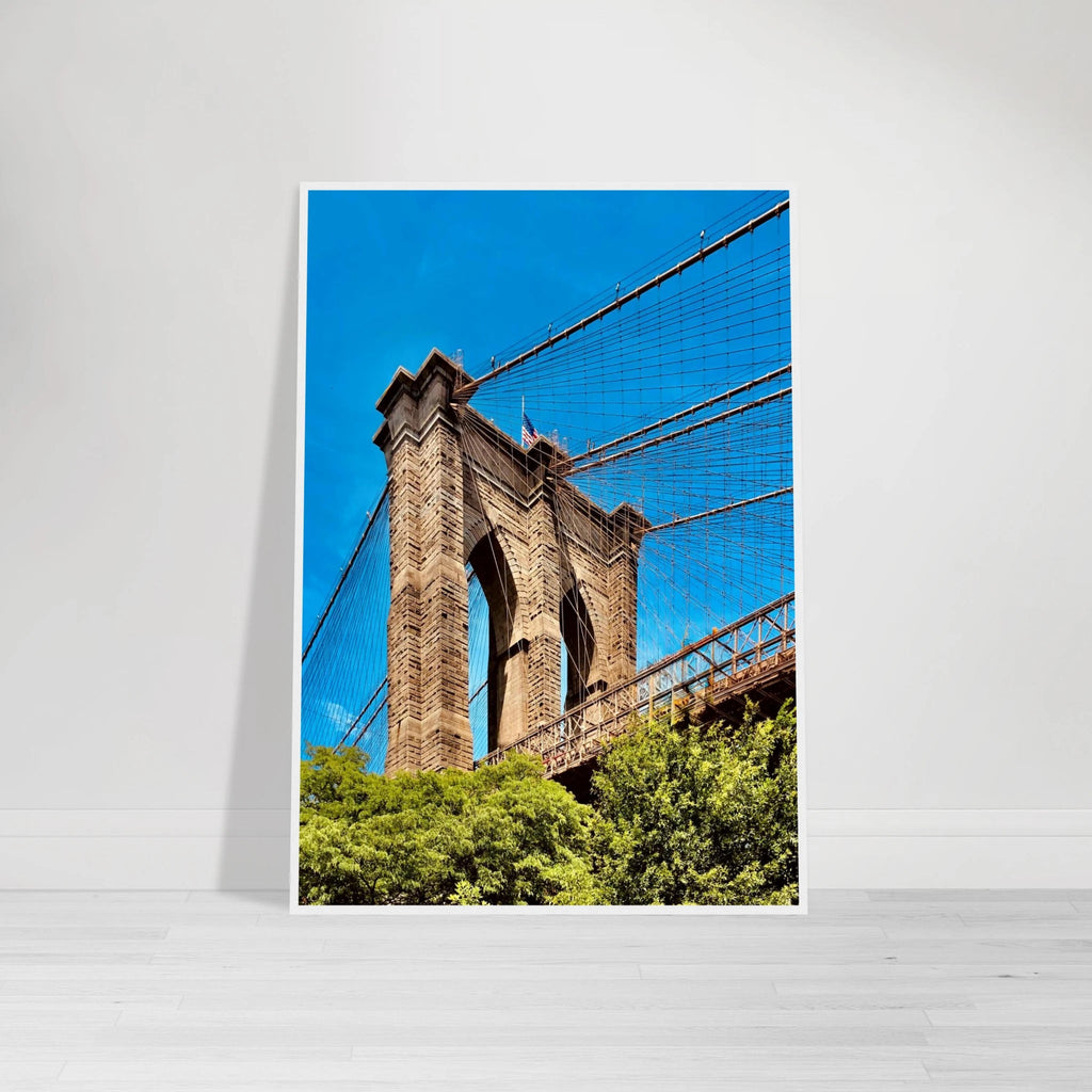 Framed NYC Brooklyn Bridge poster featuring a stunning Dumbo view, 15x20 cm print with white frame from My Store's travel collection.
