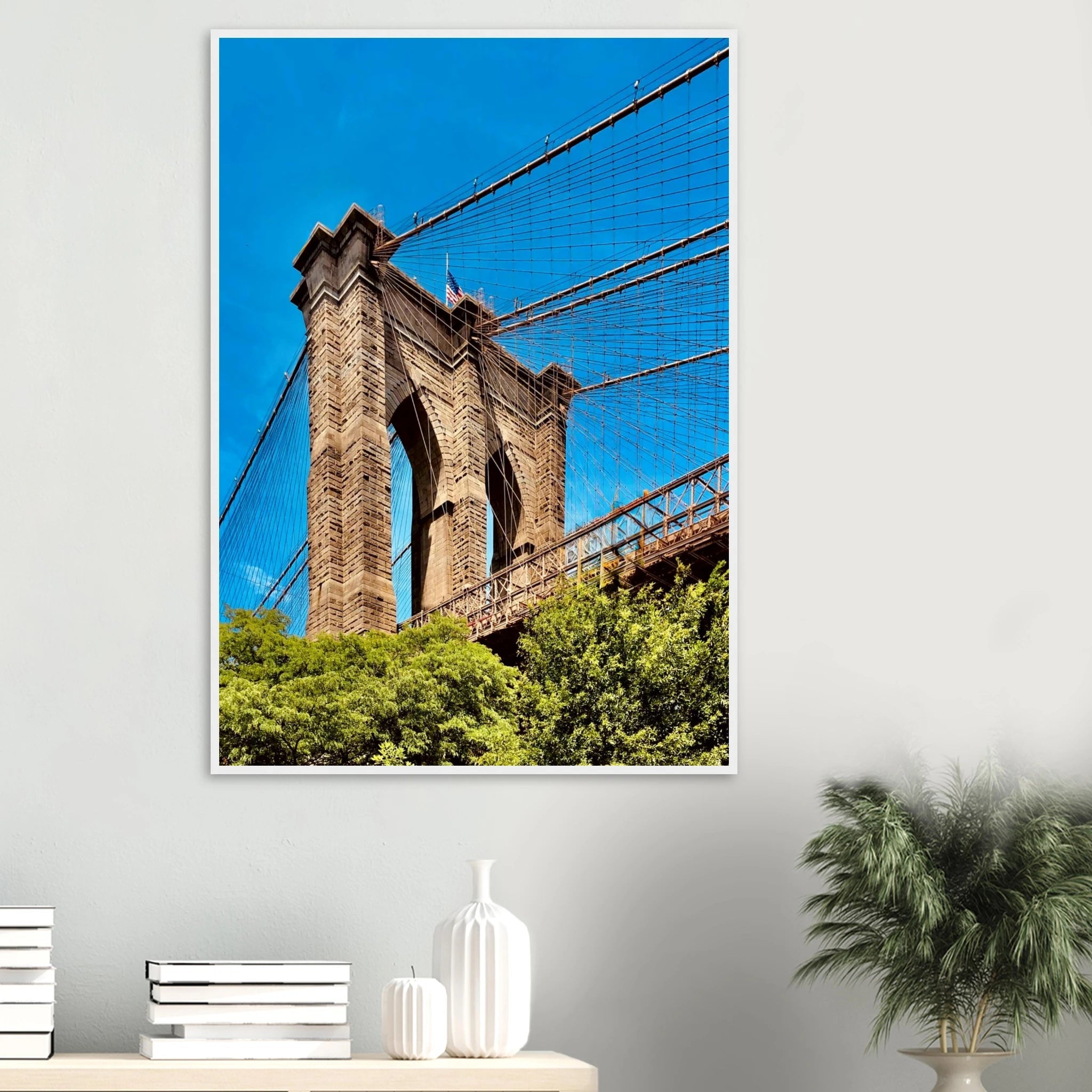Framed NYC Brooklyn Bridge poster featuring a Dumbo view, 15x20 cm print in a white frame, part of the travel collection.