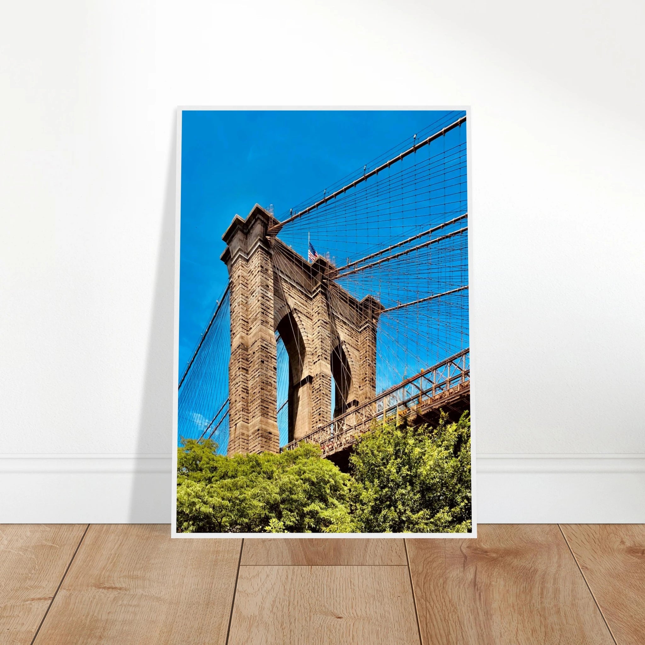 Framed NYC Brooklyn Bridge poster featuring Dumbo view, 15x20 cm print with white frame from My Store's travel collection.
