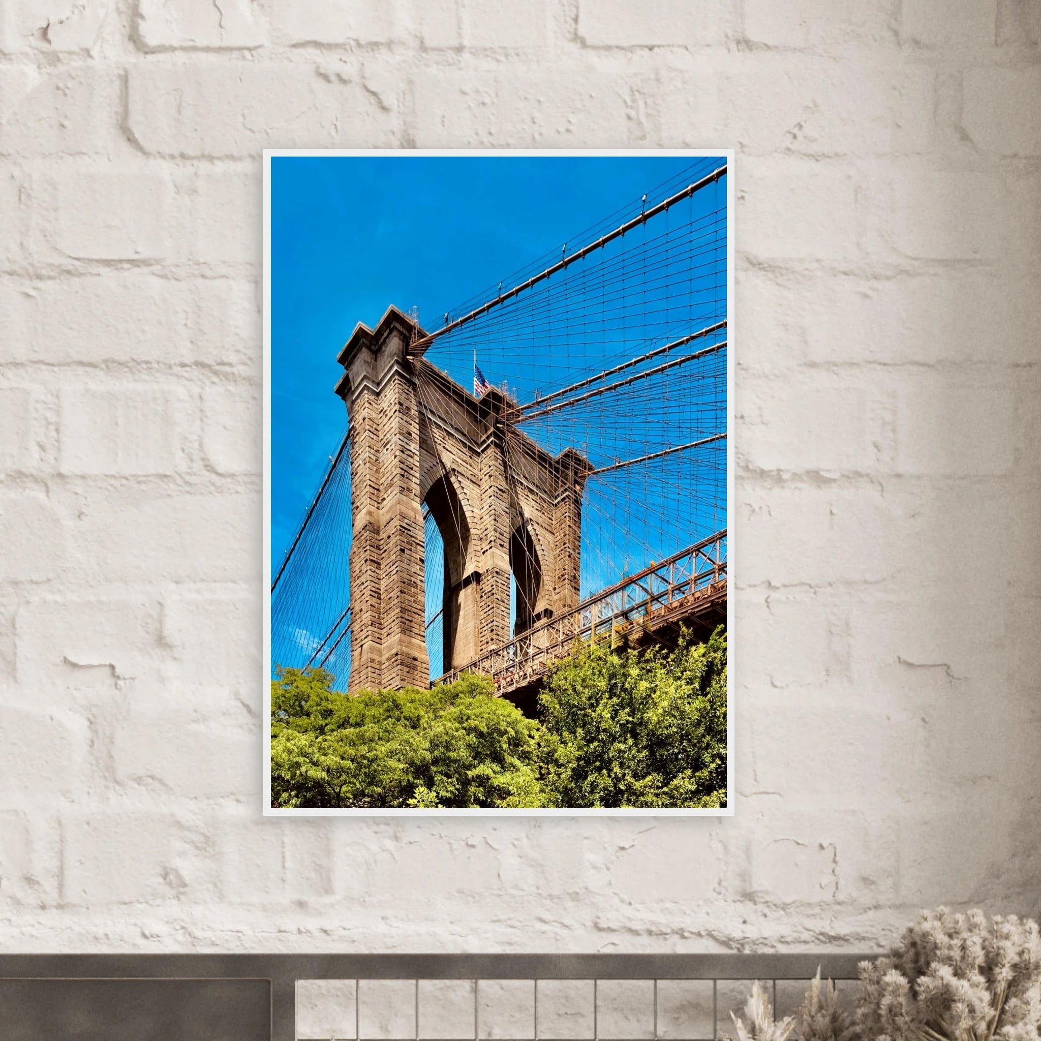 Framed NYC Brooklyn Bridge print from My Store, featuring a stunning Dumbo view, 15x20 cm with white frame, part of the Travel Collection.