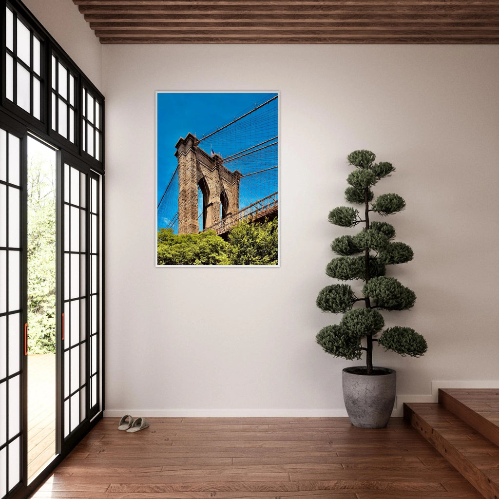 Framed NYC Brooklyn Bridge poster featuring Dumbo view, 15x20 cm print with white frame from My Store's travel collection.