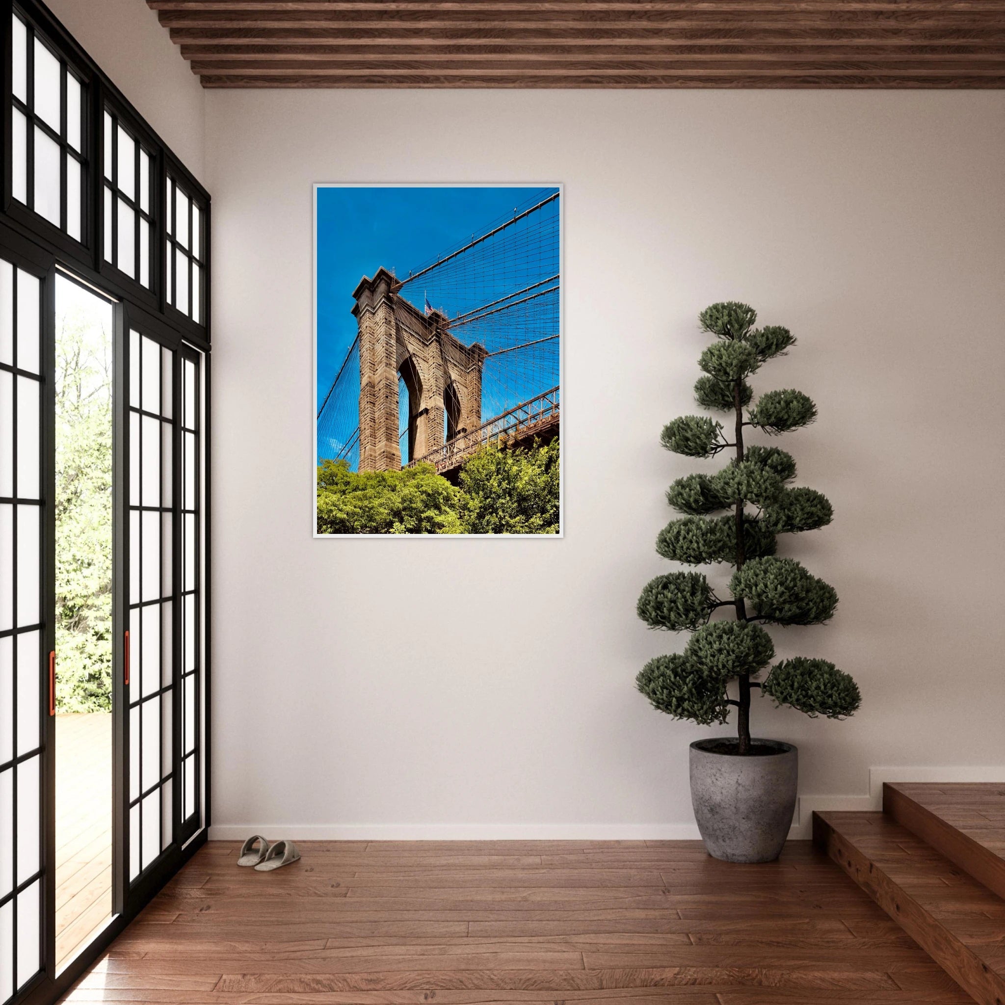 Framed NYC Brooklyn Bridge poster featuring Dumbo view, 15x20 cm print with white frame from My Store's travel collection.