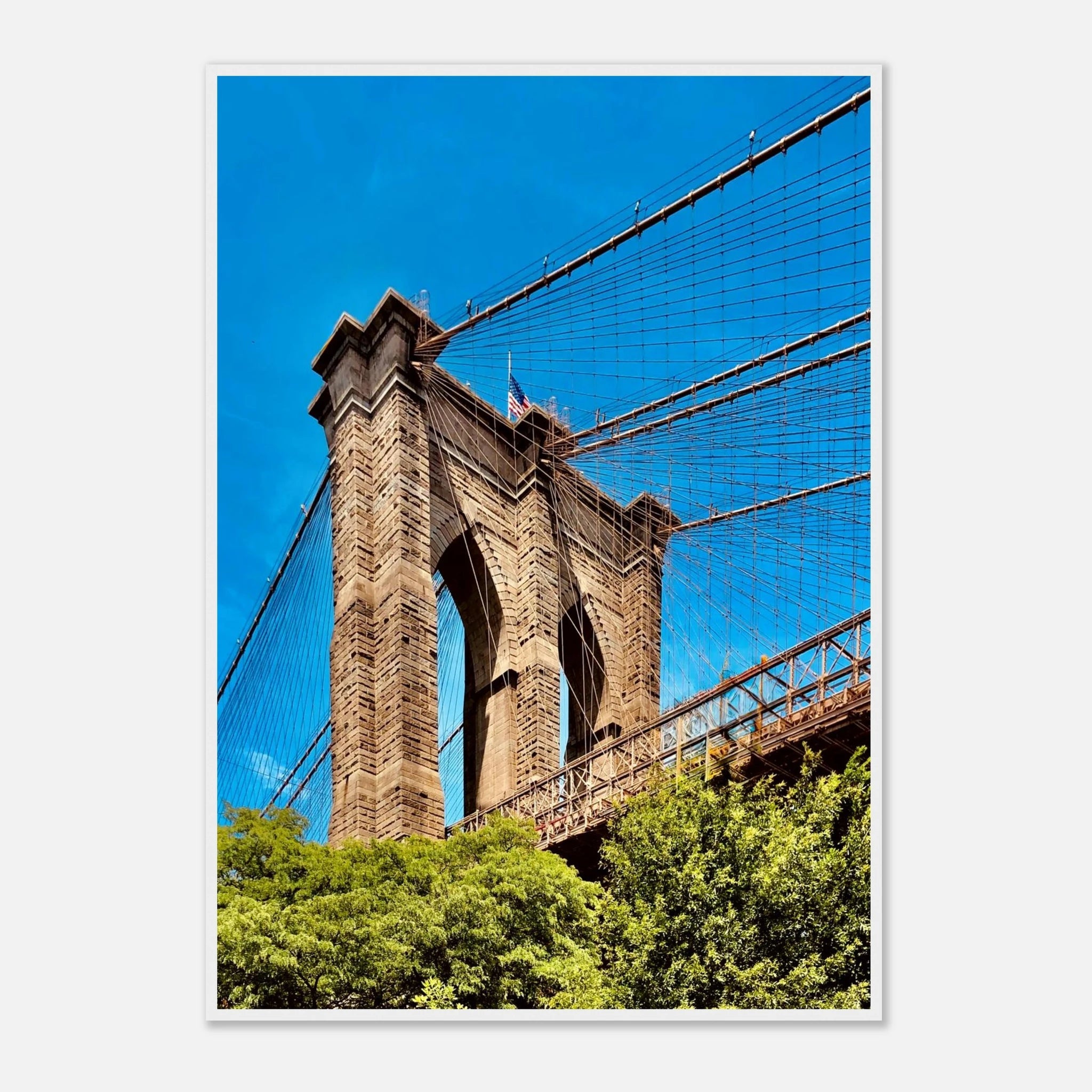 Framed NYC Brooklyn Bridge print from My Store, showcasing a stunning Dumbo view in a white 15x20 cm frame, part of the Travel Collection.