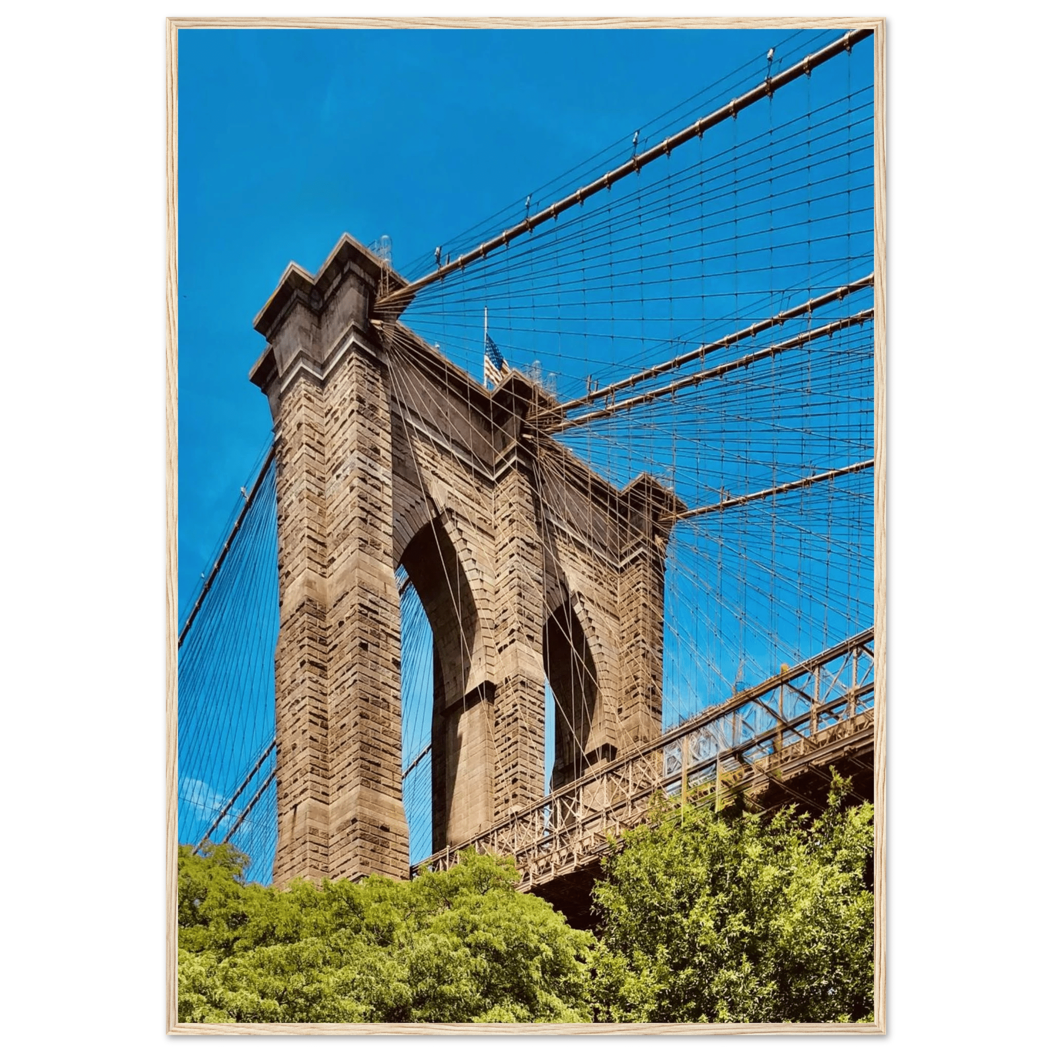 Framed NYC Brooklyn Bridge poster featuring a stunning Dumbo view, part of the Studio Edition travel collection.