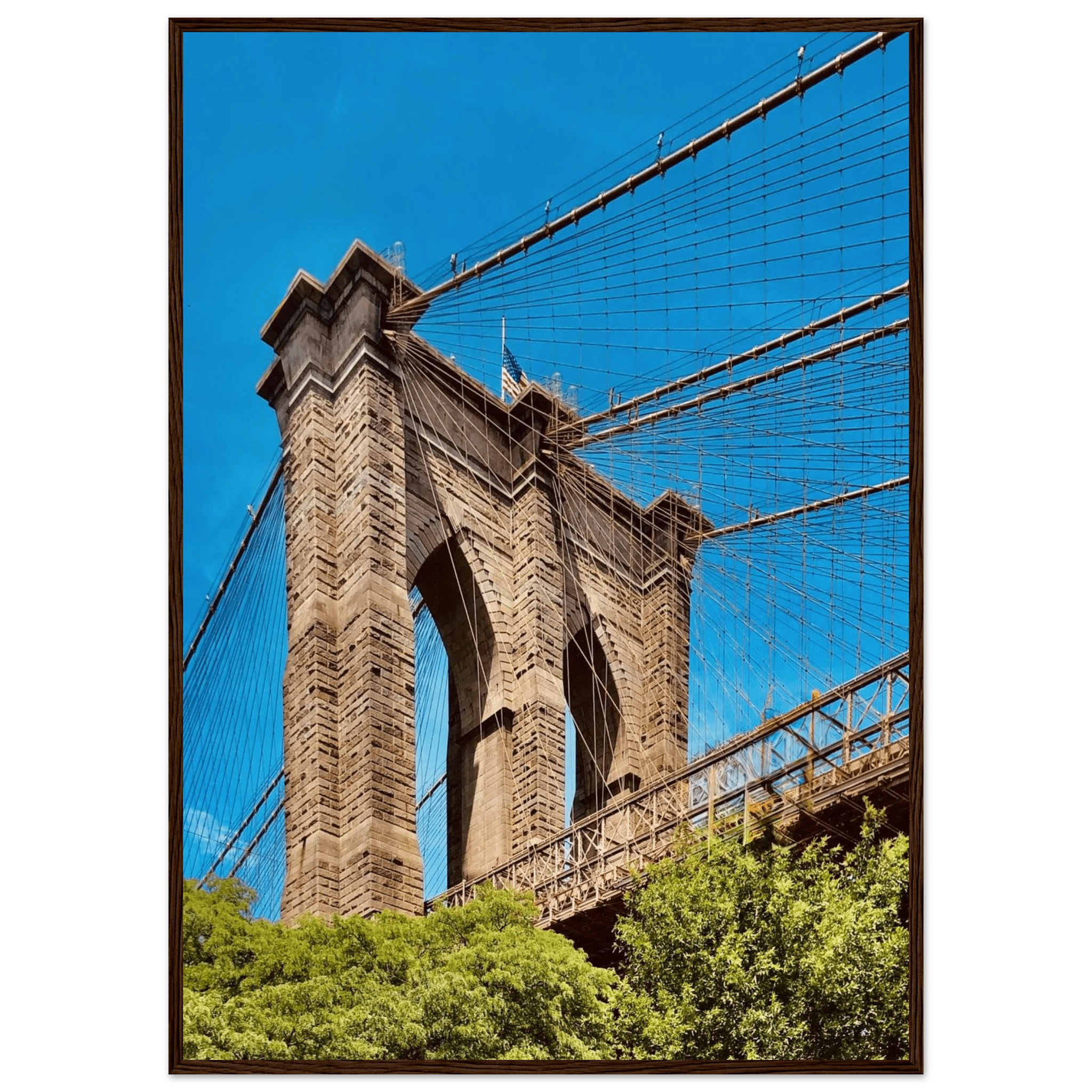 Framed NYC Brooklyn Bridge poster featuring a Dumbo view, 15x20 cm print in a white frame, part of the Travel Collection.