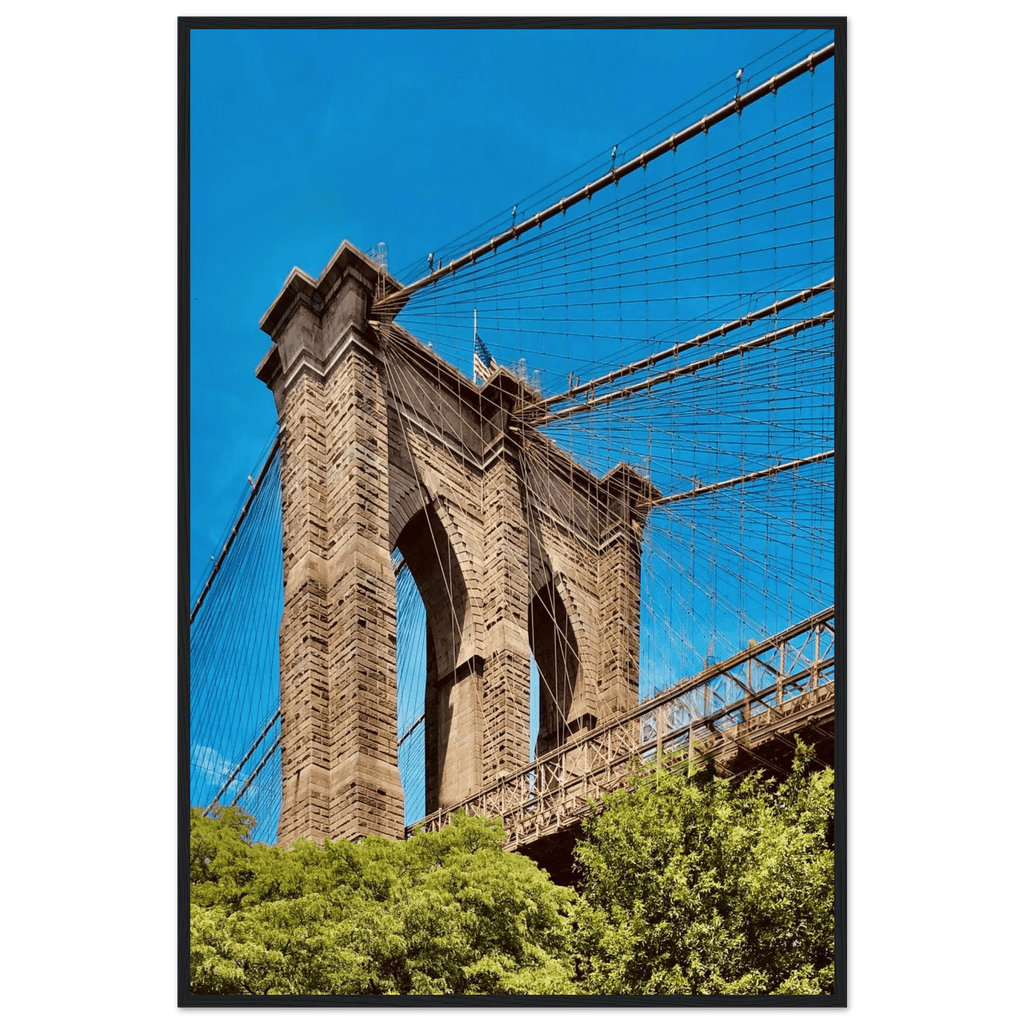 Framed NYC Brooklyn Bridge poster featuring a stunning Dumbo view, 15x20cm print with white frame from My Store's Travel Collection.