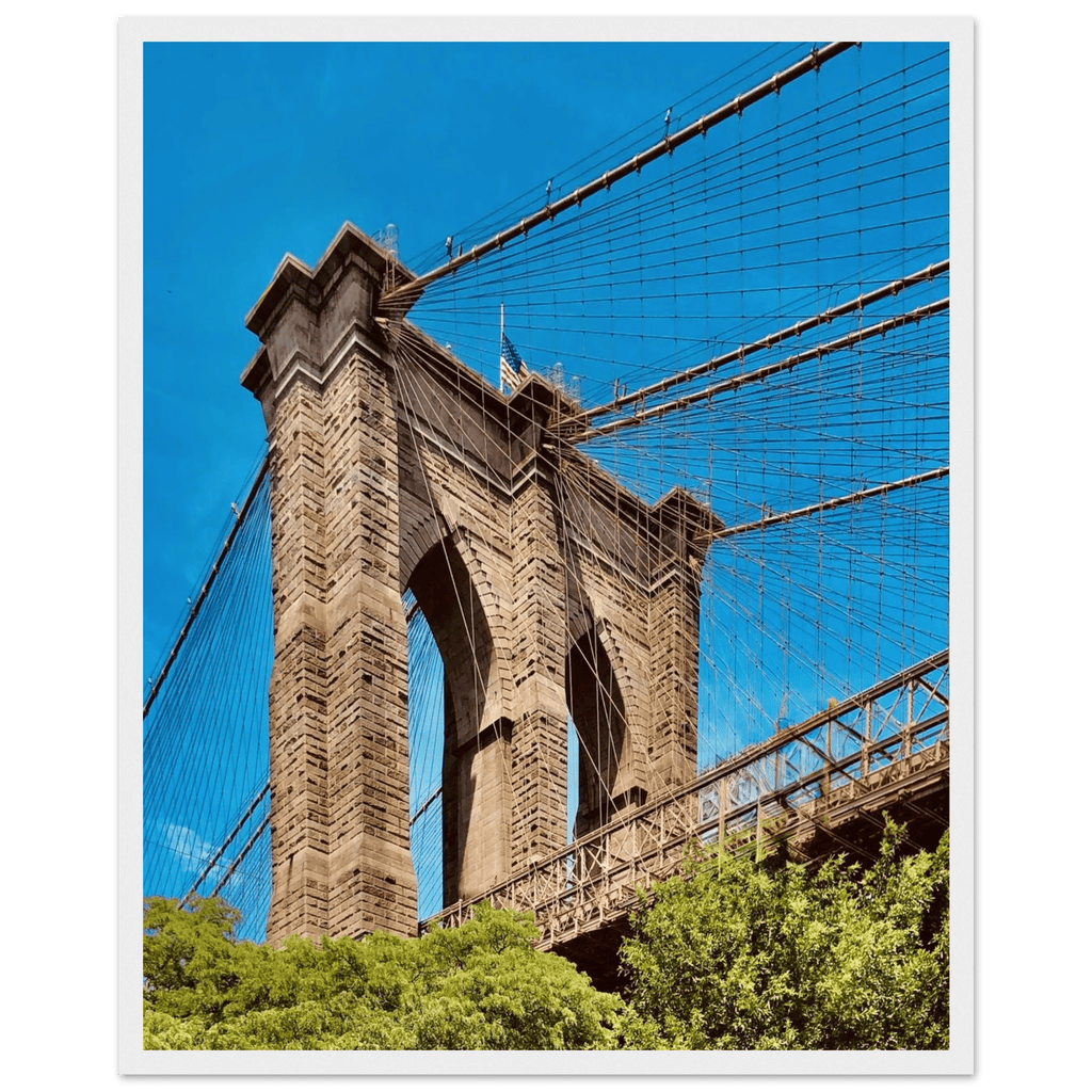 Framed NYC Brooklyn Bridge poster featuring a stunning Dumbo view, 15x20 cm print with white frame, part of travel collection.