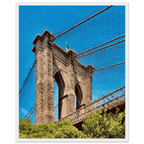 Framed NYC Brooklyn Bridge poster featuring a stunning Dumbo view, 15x20 cm print with white frame, part of travel collection.