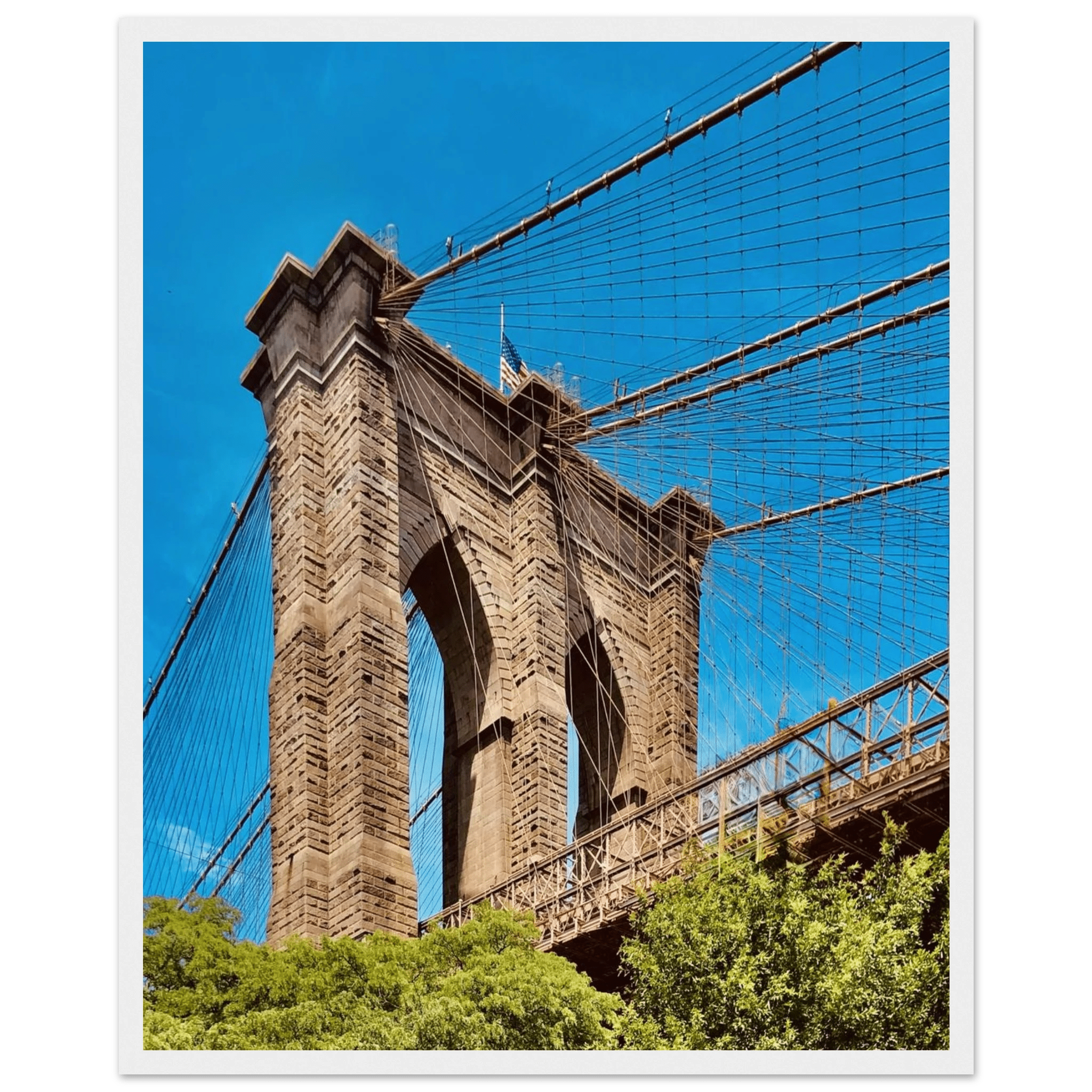 Framed NYC Brooklyn Bridge poster featuring a stunning Dumbo view, 15x20 cm print with white frame, part of travel collection.