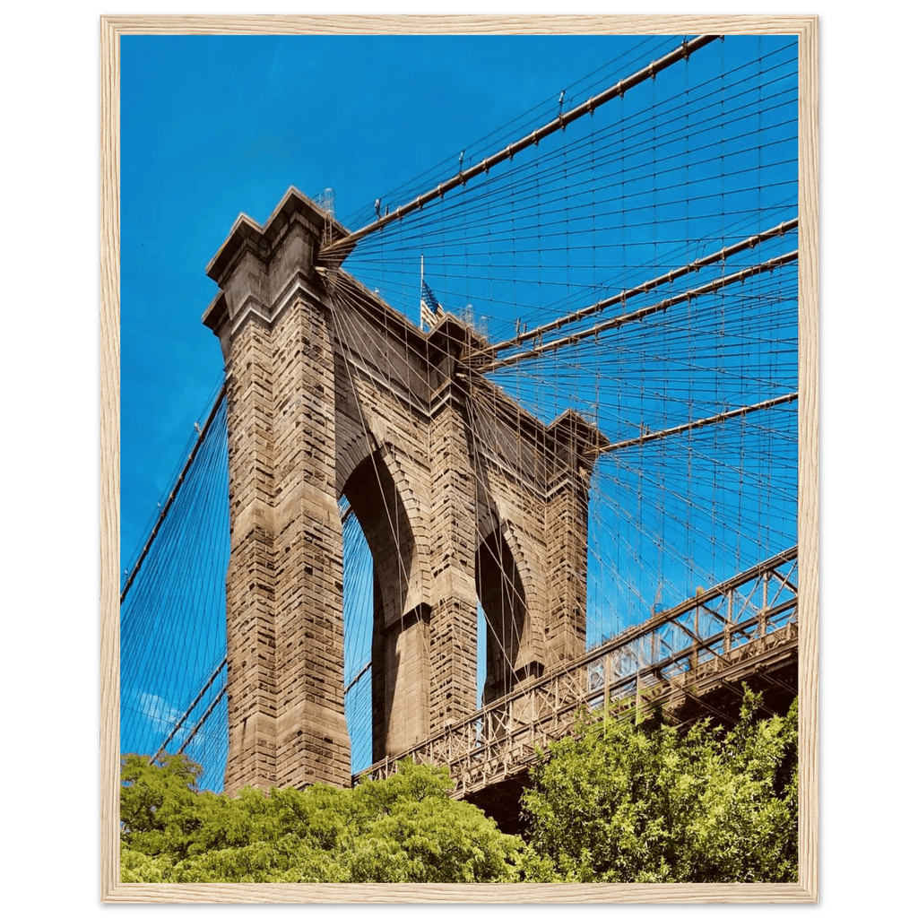 Framed NYC Brooklyn Bridge print by My Store, featuring a stunning Dumbo view, 15x20 cm with white frame, travel collection studio edition.