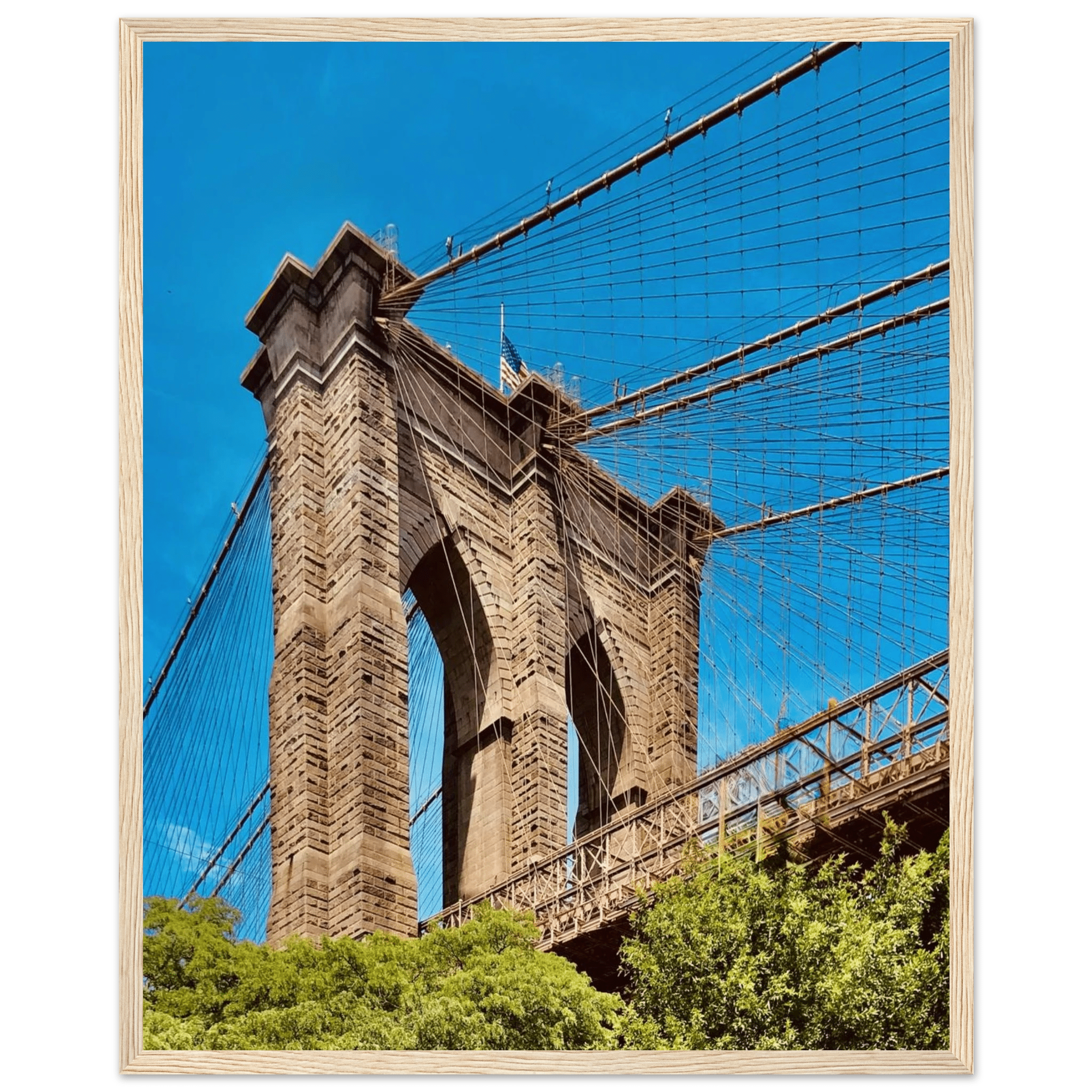 Framed NYC Brooklyn Bridge print by My Store, featuring a stunning Dumbo view, 15x20 cm with white frame, travel collection studio edition.