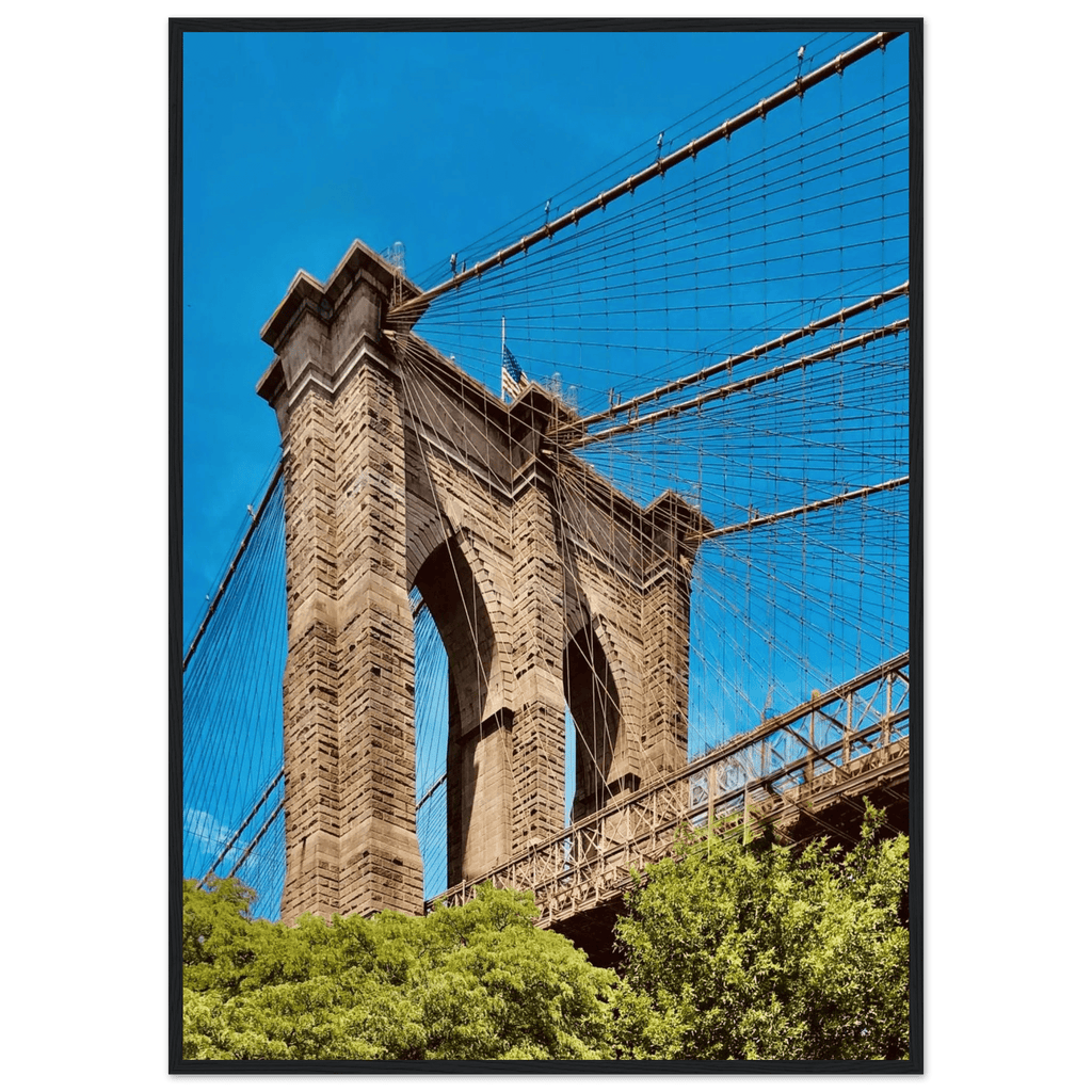 Framed NYC Brooklyn Bridge poster featuring a stunning Dumbo view, 15x20 cm print with white frame from My Store's travel collection.