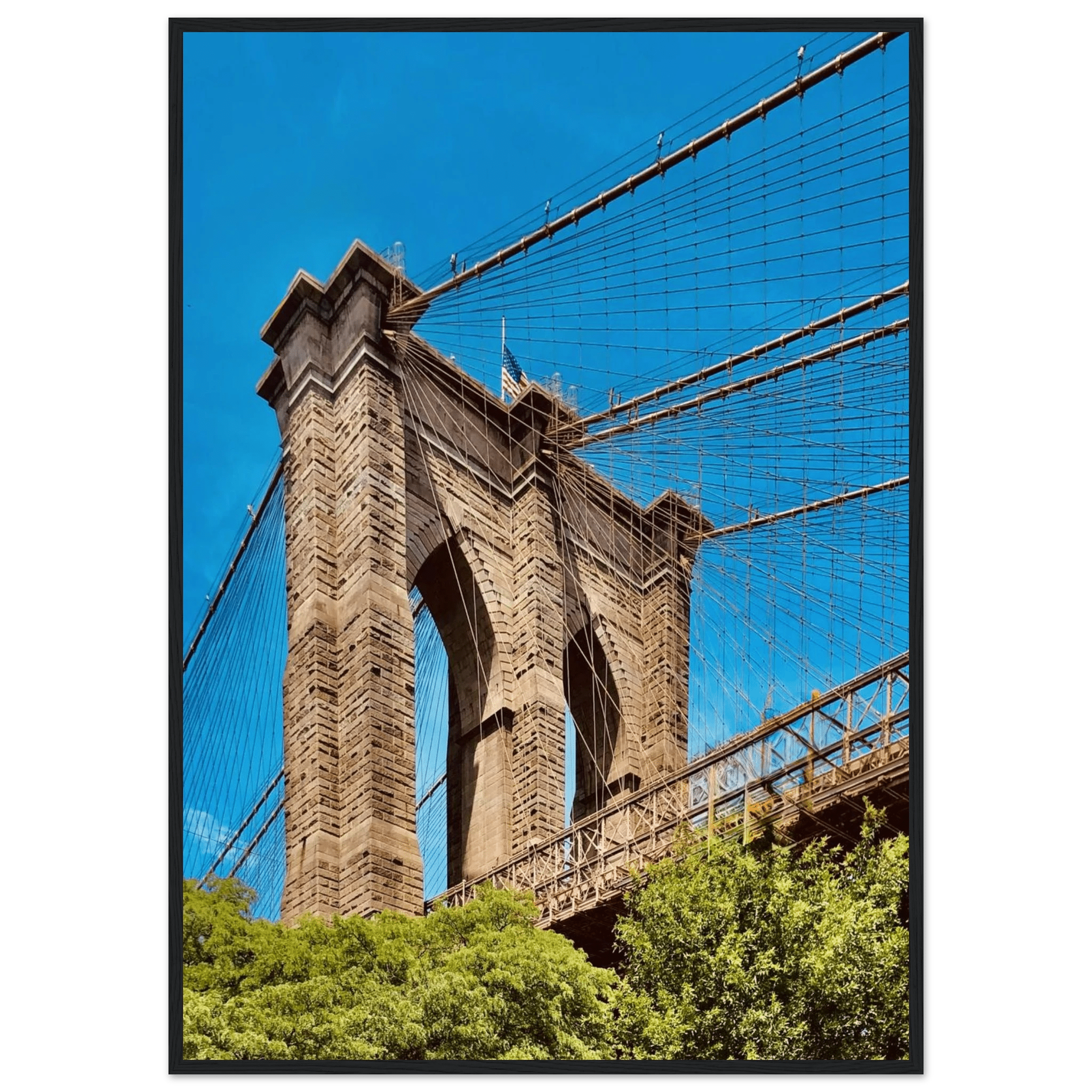 Framed NYC Brooklyn Bridge poster featuring a stunning Dumbo view, 15x20 cm print with white frame from My Store's travel collection.