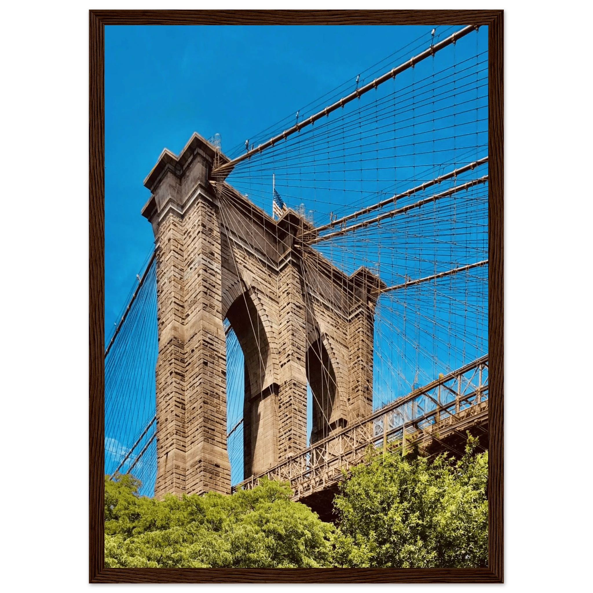 Framed NYC Brooklyn Bridge print showcasing a stunning Dumbo view, part of the Travel Collection, Studio Edition.