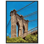 Framed NYC Brooklyn Bridge poster showcasing Dumbo view, 15x20 cm print with white frame, part of travel collection studio edition.