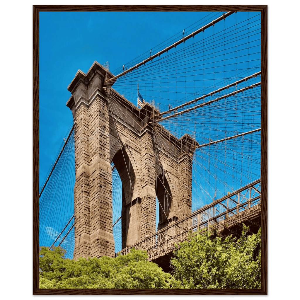 Framed NYC Brooklyn Bridge poster featuring a stunning Dumbo view, 15x20cm print with white frame, part of Travel Collection.