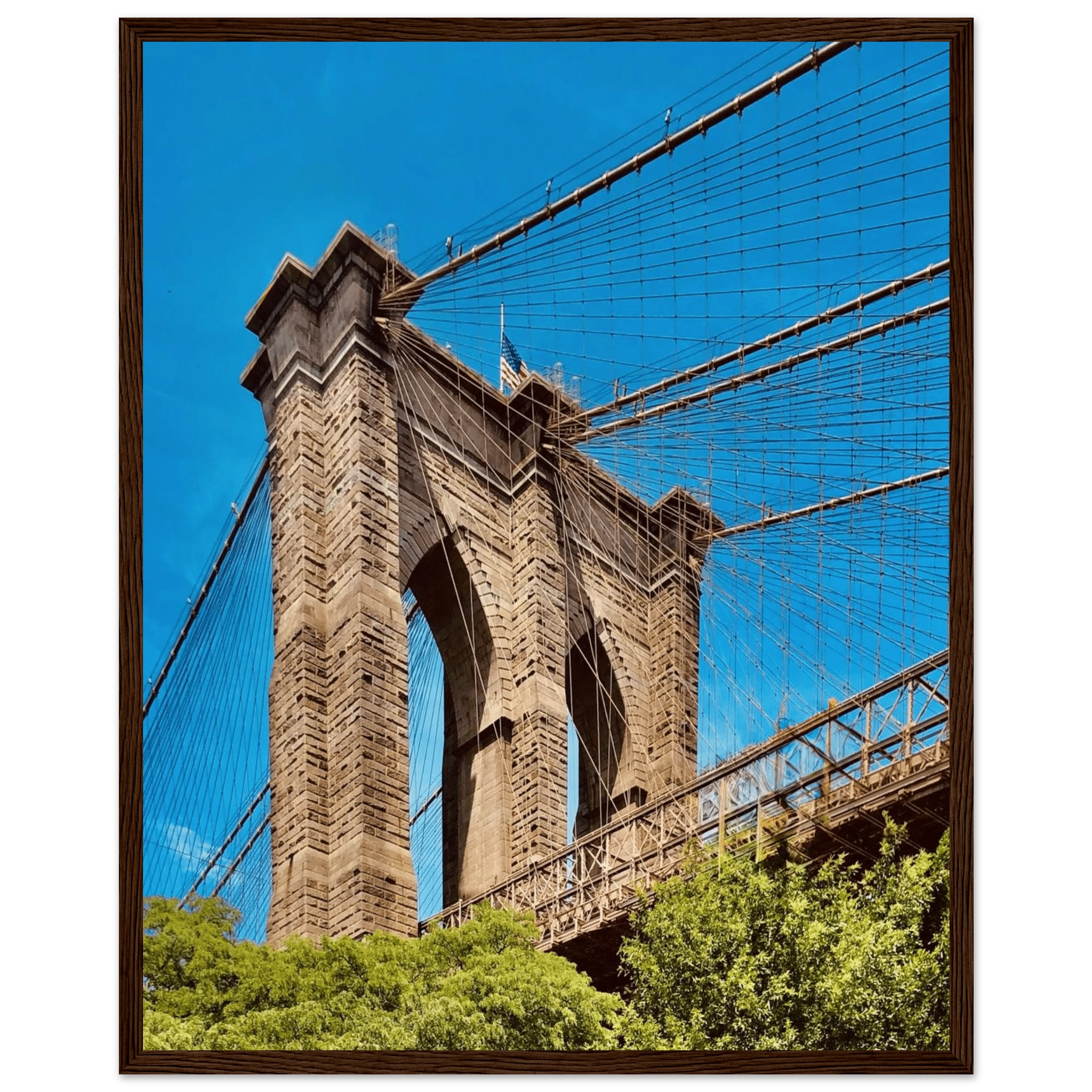 Framed NYC Brooklyn Bridge poster featuring a stunning Dumbo view, 15x20cm print with white frame, part of Travel Collection.