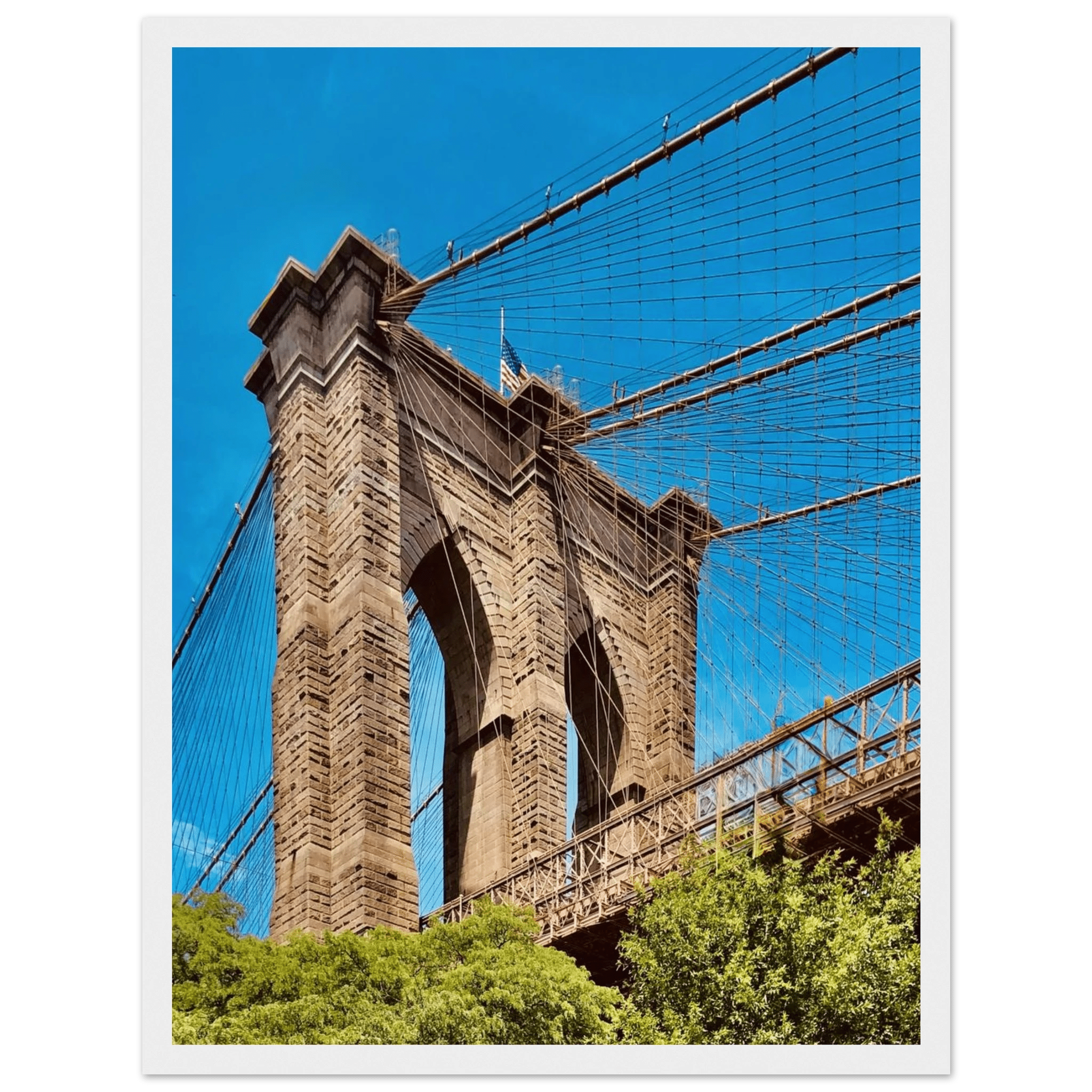 Framed print of NYC Brooklyn Bridge and Dumbo skyline, 15x20 cm, white frame, part of the Travel Collection Studio Edition.