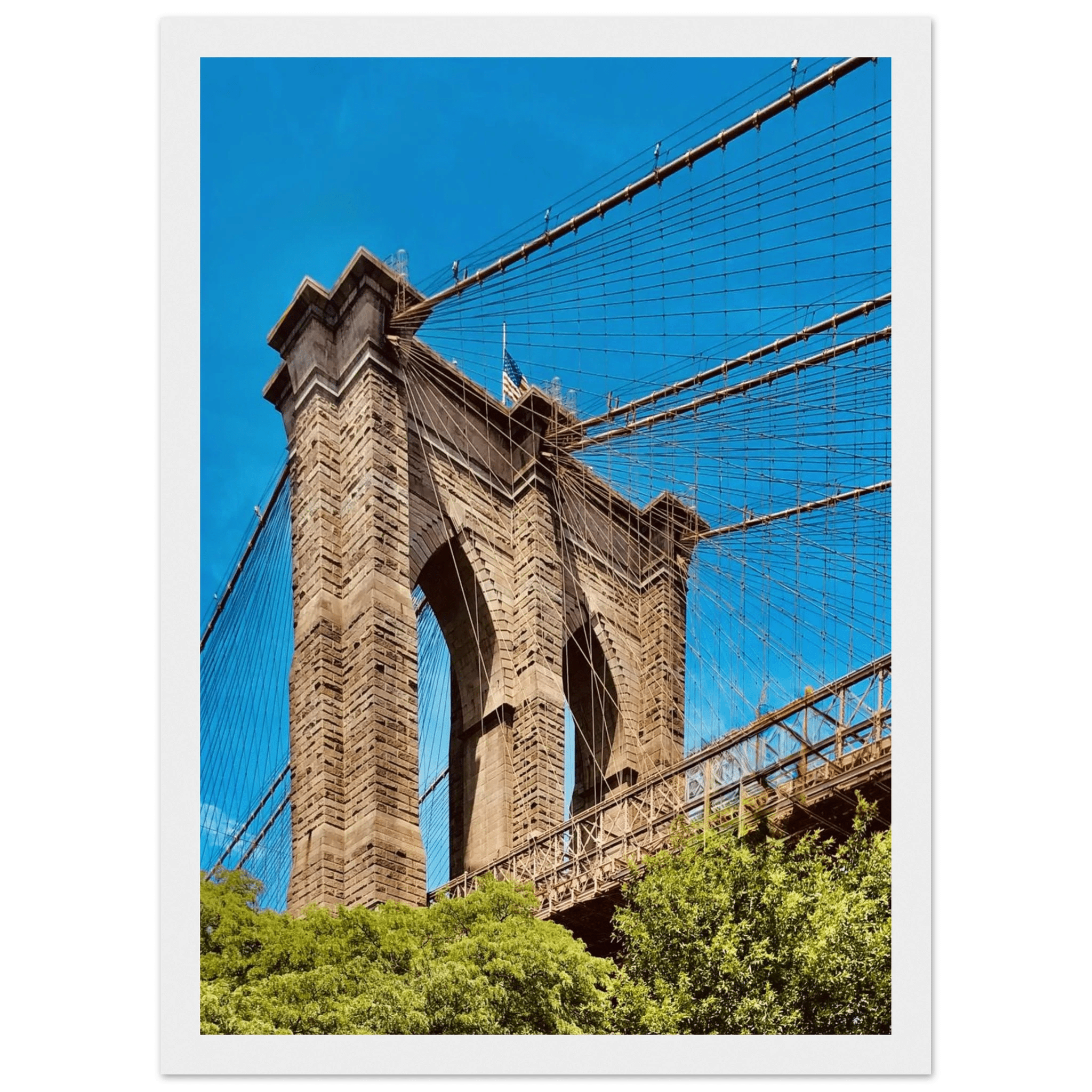 Framed NYC Brooklyn Bridge poster featuring a stunning Dumbo view, part of the Studio Edition Travel Collection for year-round summer vibes.