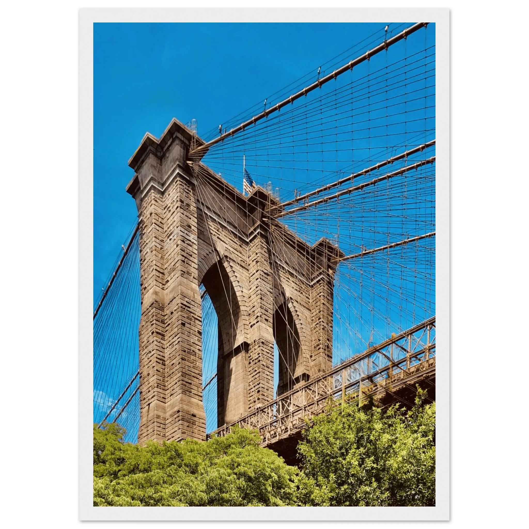 Framed NYC Brooklyn Bridge poster featuring a stunning Dumbo view, part of the Studio Edition travel collection.