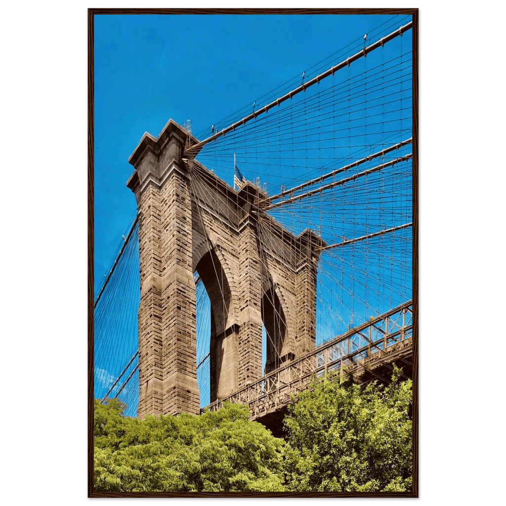 Framed NYC Brooklyn Bridge poster featuring a stunning Dumbo view, 15x20 cm print with white frame from the Travel Collection.