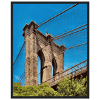 Framed NYC Brooklyn Bridge poster featuring a Dumbo view, 15x20cm print with white frame, part of travel collection studio edition.