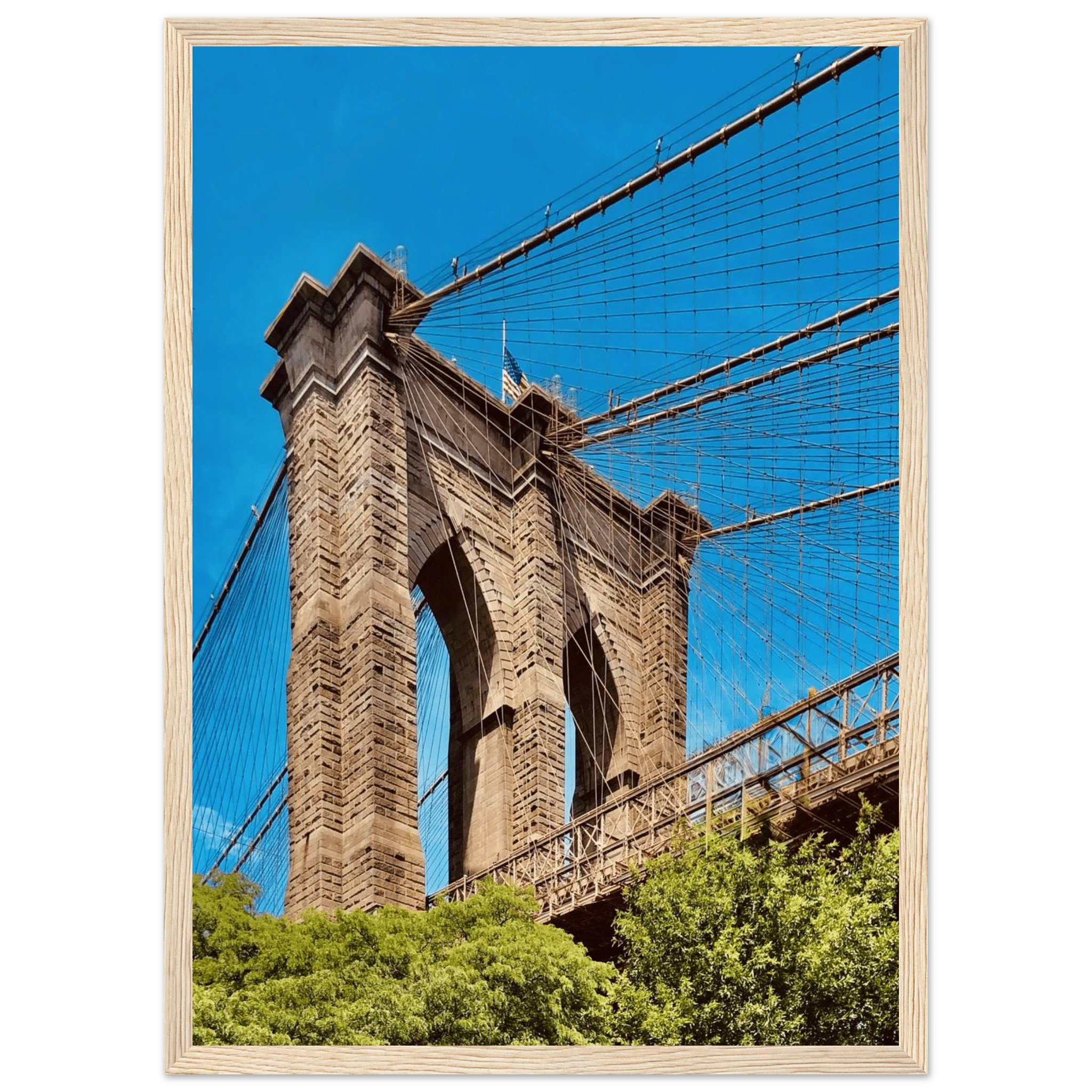 Framed NYC Brooklyn Bridge poster featuring a stunning Dumbo view, part of the Studio Edition travel collection.