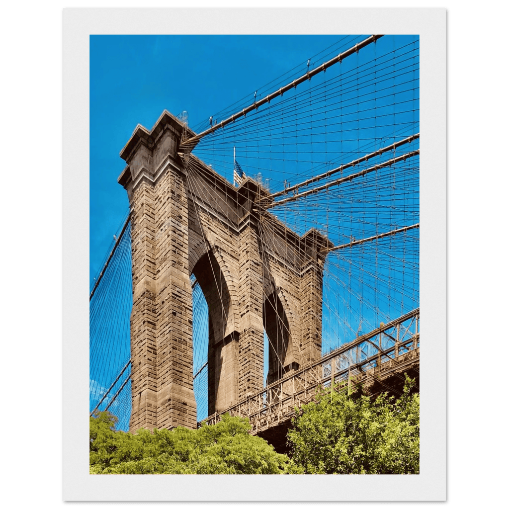 Framed NYC Brooklyn Bridge poster with Dumbo view in a white 15x20 cm frame, part of the Studio Edition travel collection.