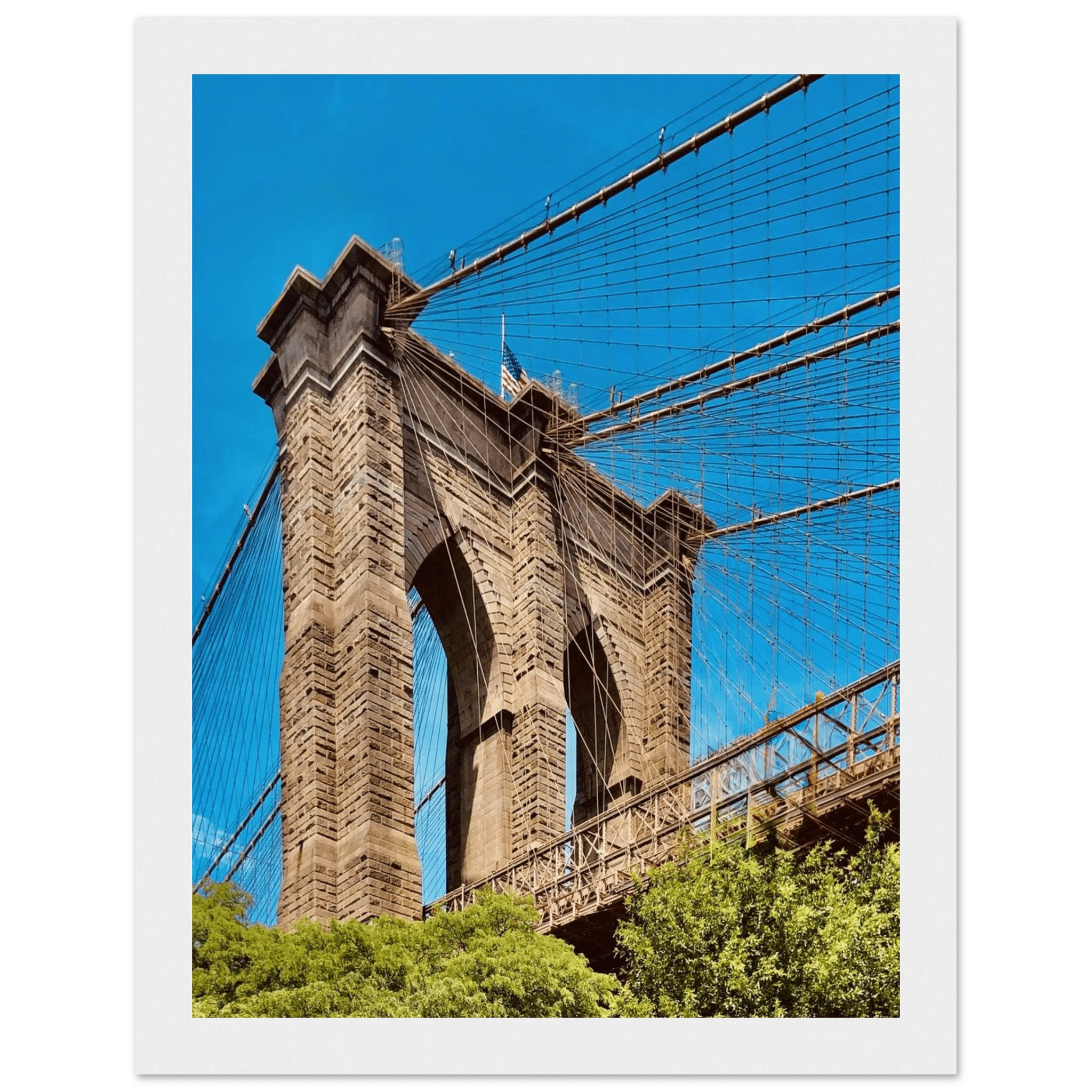 Framed NYC Brooklyn Bridge poster showcasing the Dumbo view, part of the Studio Edition Travel Collection, suitable for wall decor.
