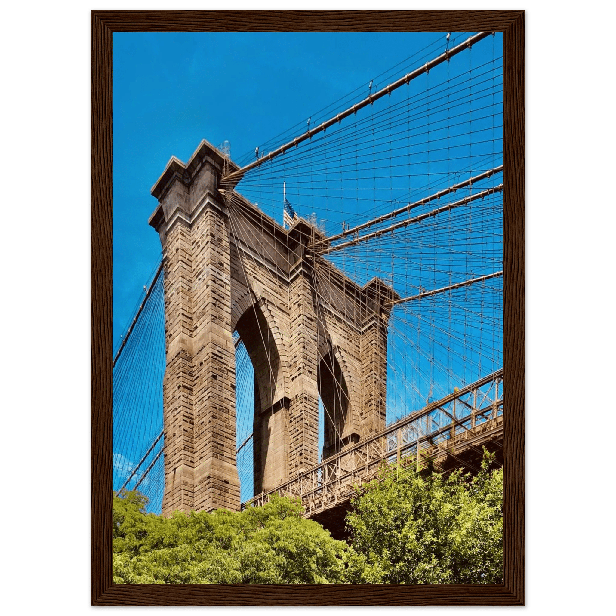 Framed NYC Brooklyn Bridge poster showcasing Dumbo view, part of the Travel Collection studio edition, perfect for summer decor.