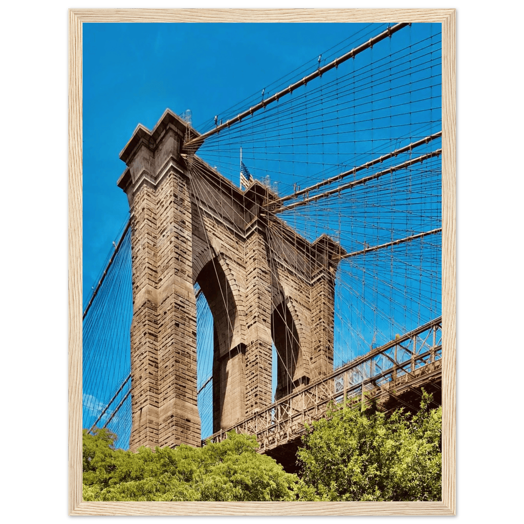 Framed NYC Brooklyn Bridge poster featuring Dumbo view, 15x20 cm print with white frame, part of the travel collection.