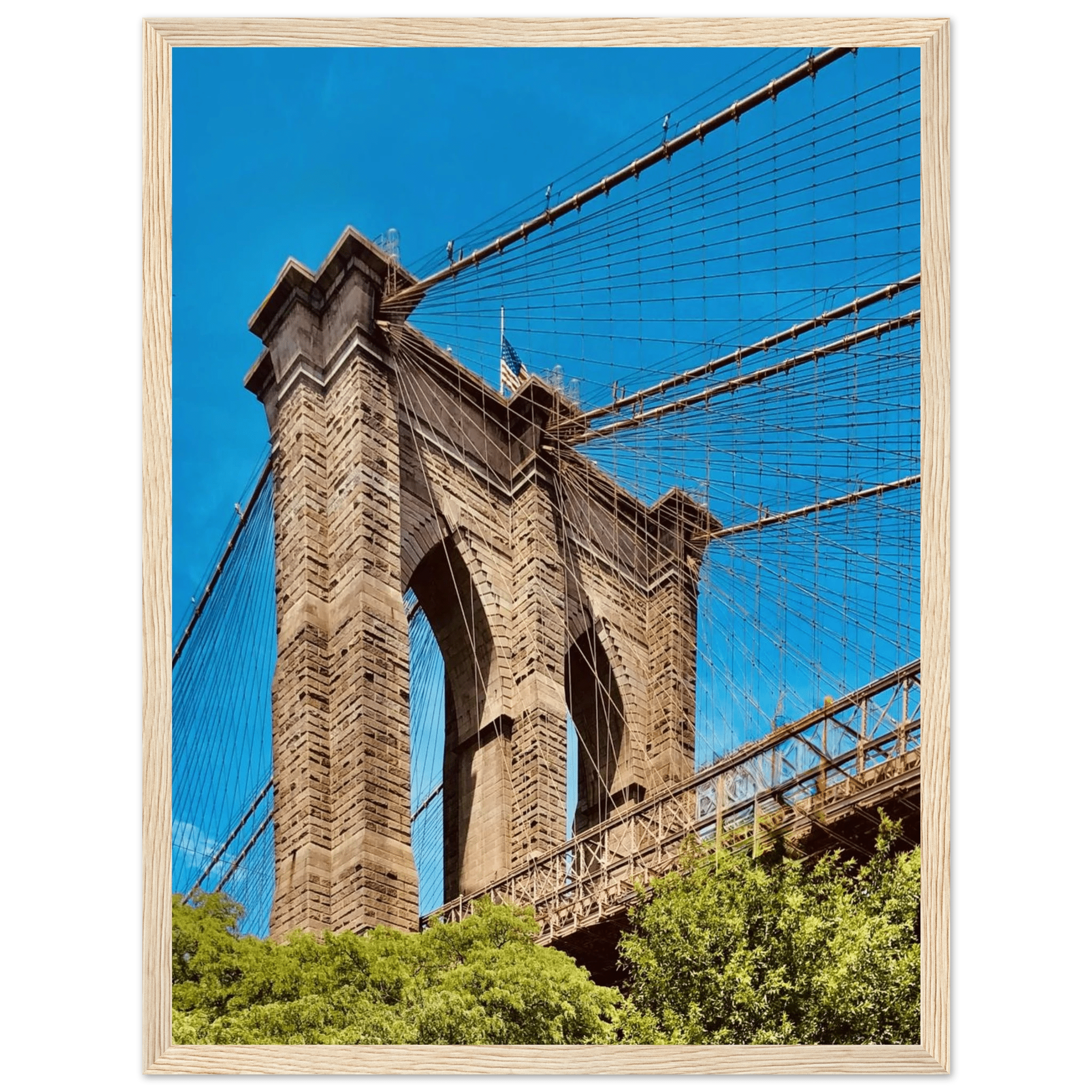 Framed NYC Brooklyn Bridge poster featuring Dumbo view, 15x20 cm print with white frame, part of the travel collection.