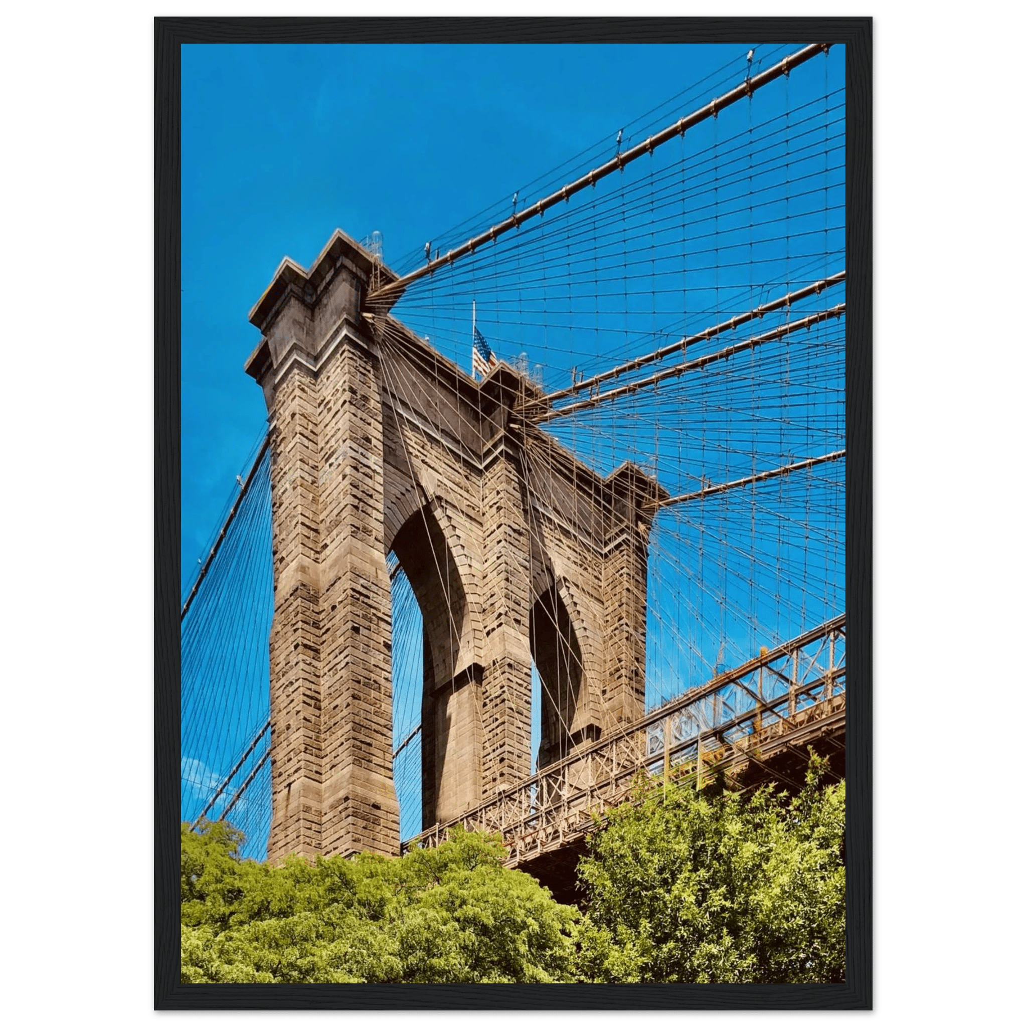 Framed NYC Brooklyn Bridge poster featuring a stunning Dumbo view, part of the Travel Collection, Studio Edition.