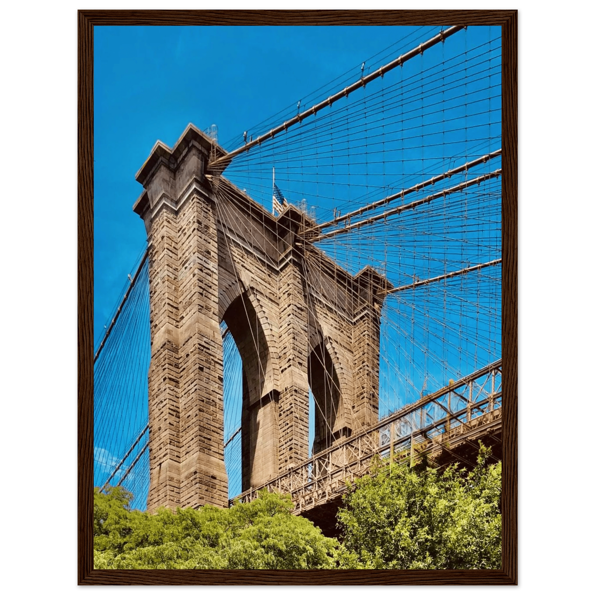 Framed NYC Brooklyn Bridge poster from My Store, showcasing a stunning Dumbo view with a white frame and vibrant summer ambiance.
