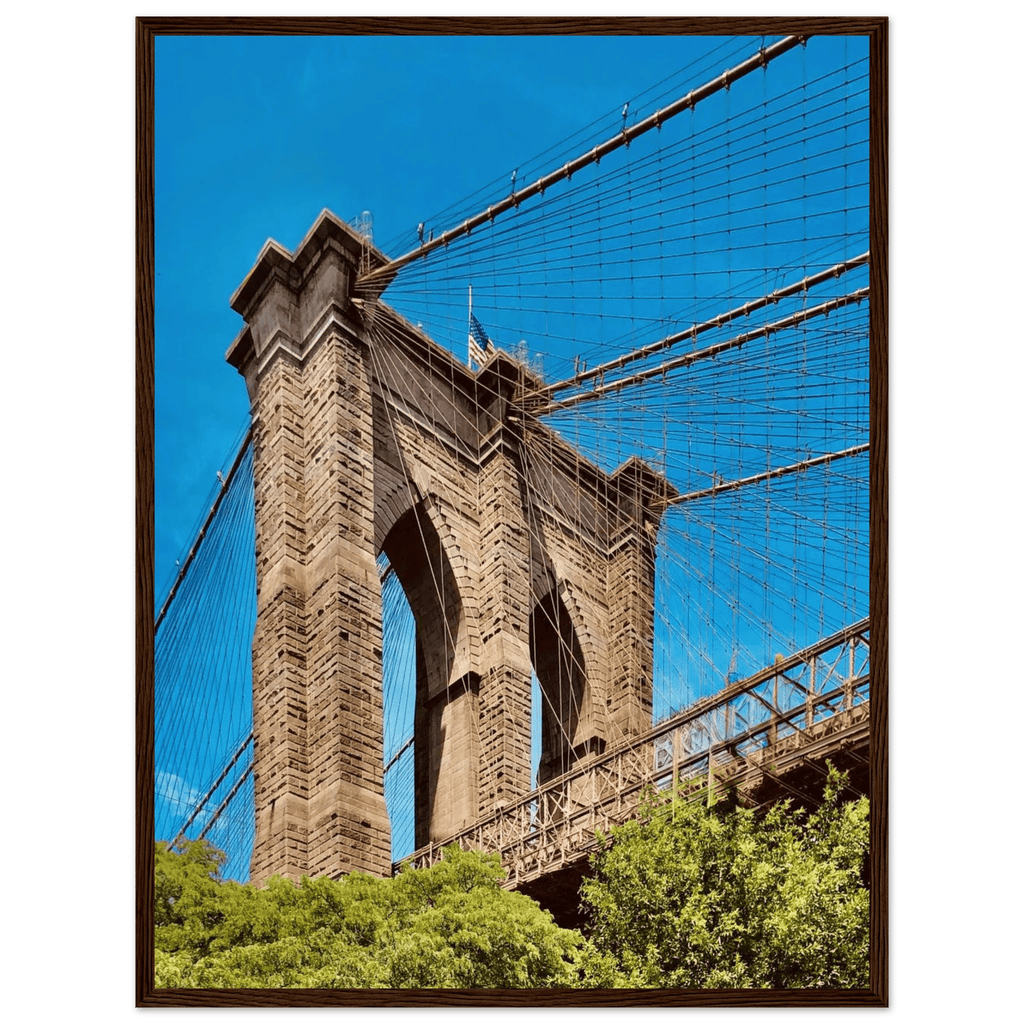 Framed NYC Brooklyn Bridge poster showing Dumbo skyline view, 15x20 cm print in white frame, part of travel collection.