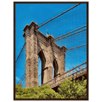 Framed NYC Brooklyn Bridge poster showing Dumbo skyline view, 15x20 cm print in white frame, part of travel collection.