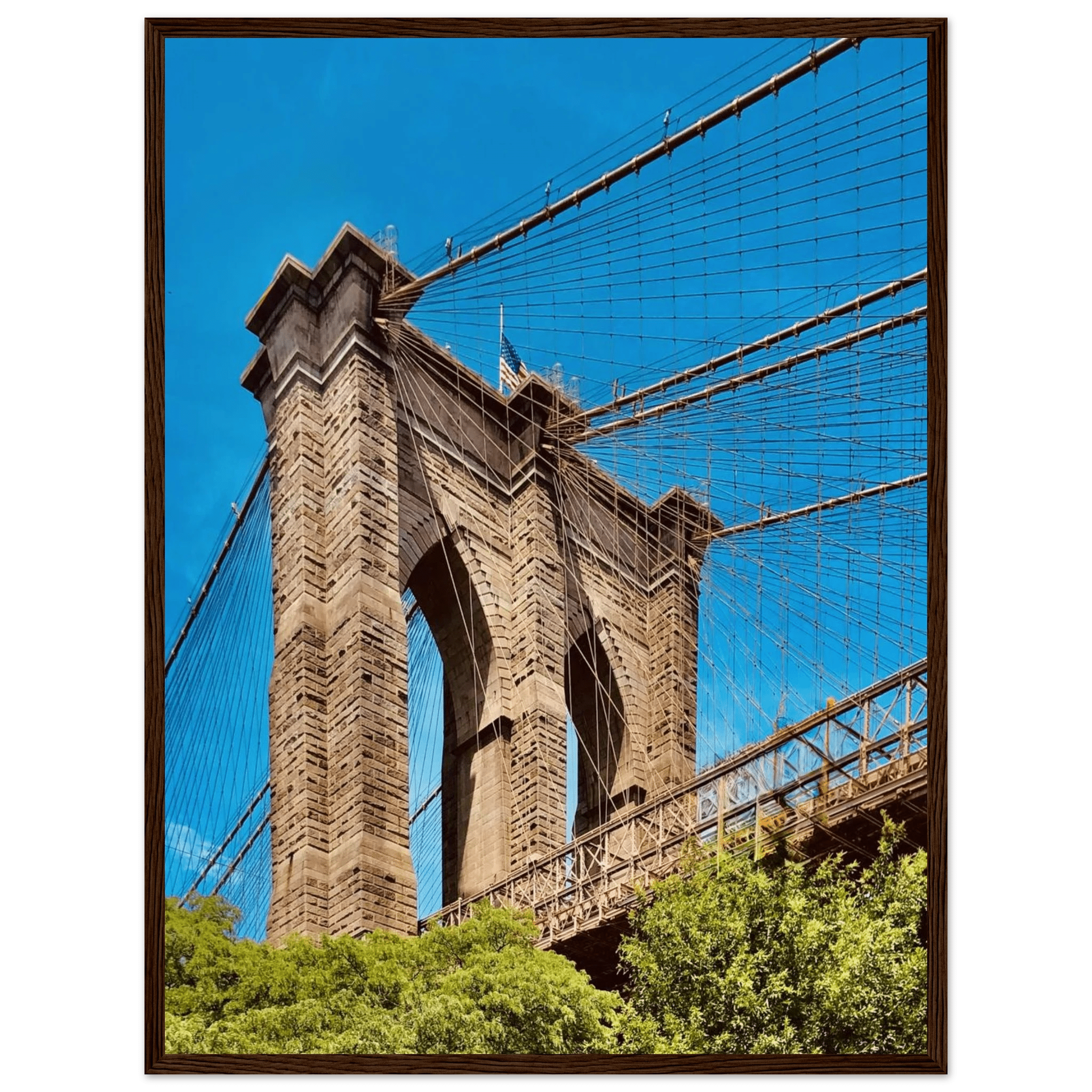 Framed NYC Brooklyn Bridge poster showing Dumbo skyline view, 15x20 cm print in white frame, part of travel collection.